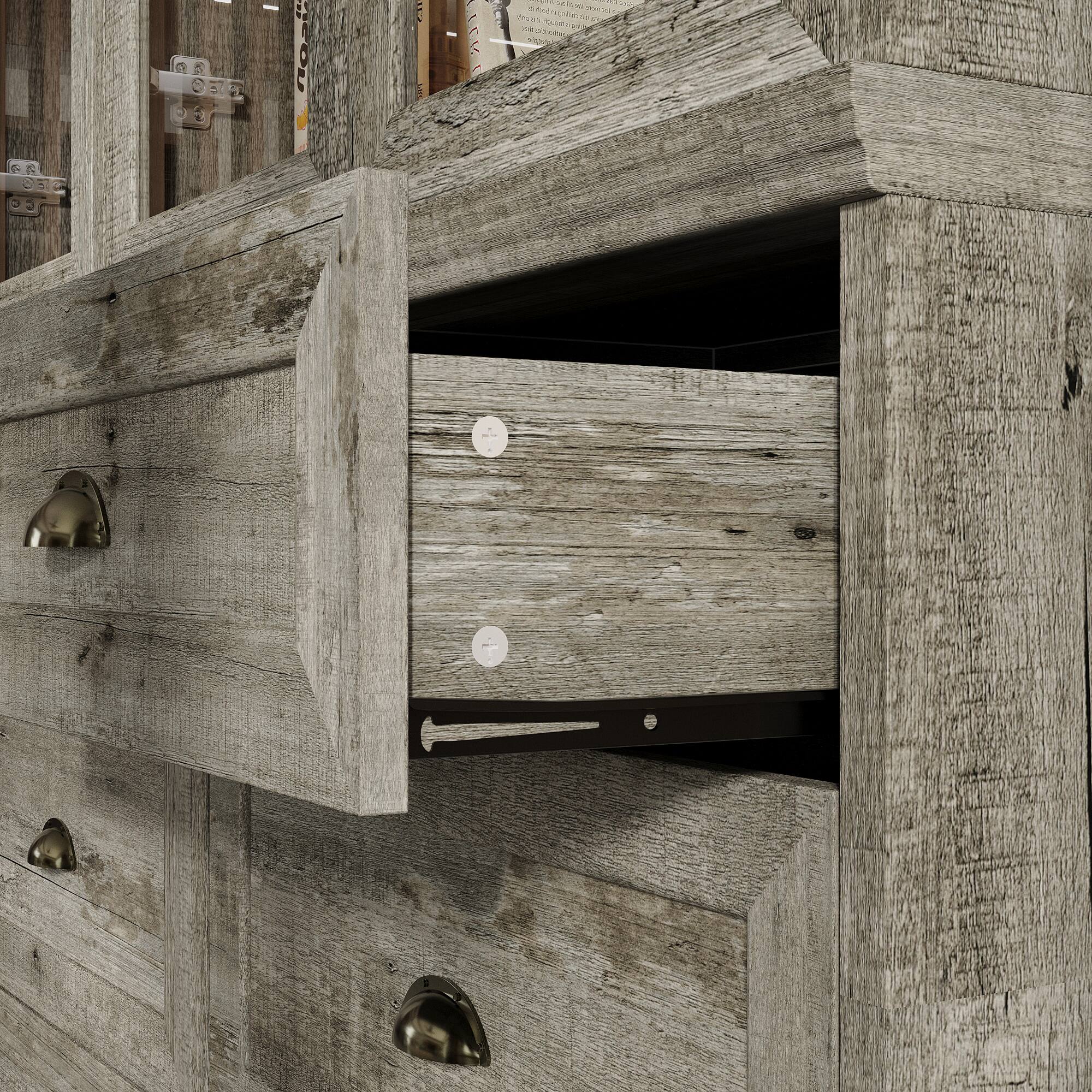 Back. FUFU & GAGA - Vintage Distressed Glass Display Cabinet with Bronze Shell Handles and Tempered Glass for Living Room or Study - Gray.