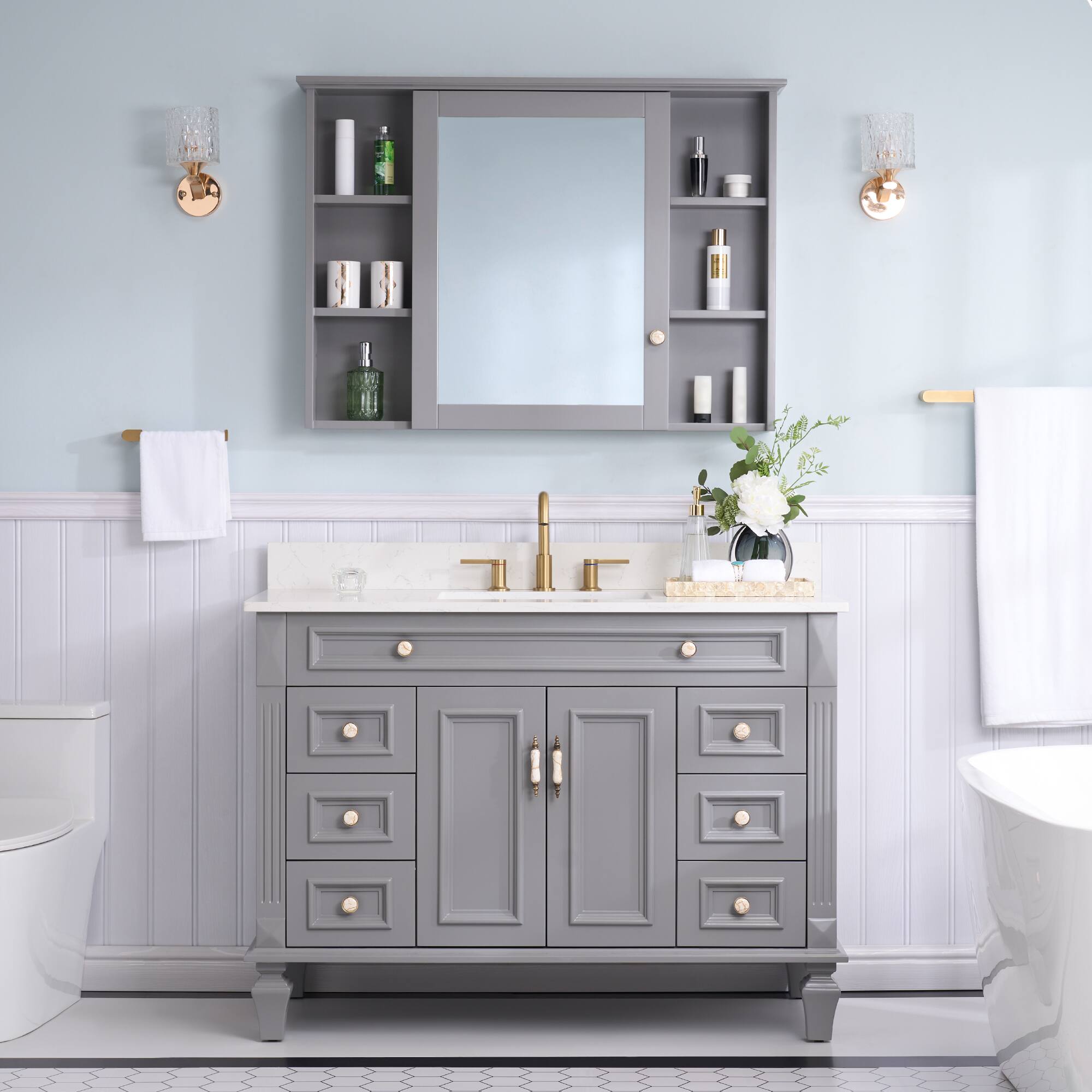 Alt View 7. WELLFOR - 42 in. W x 30 in. H Rectangular Solid Wood Frame Surface Mount Medicine Cabinet with Mirror and Soft Close Door - Gray.