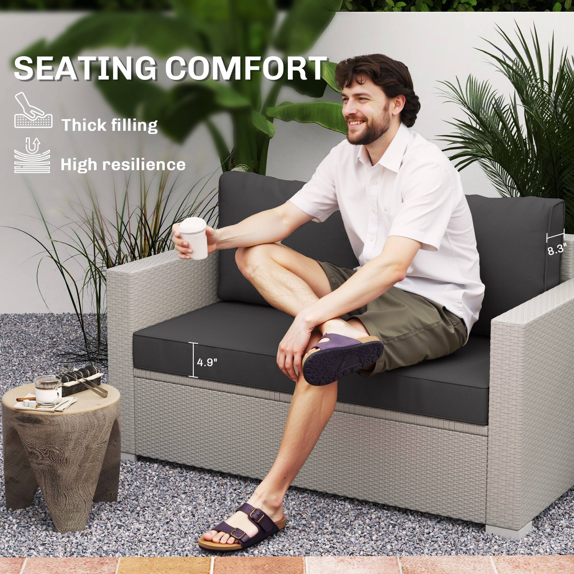 SEATING COMFORT  
- Thick filling  
- High resilience  
- 8.3"  
- 4.9"