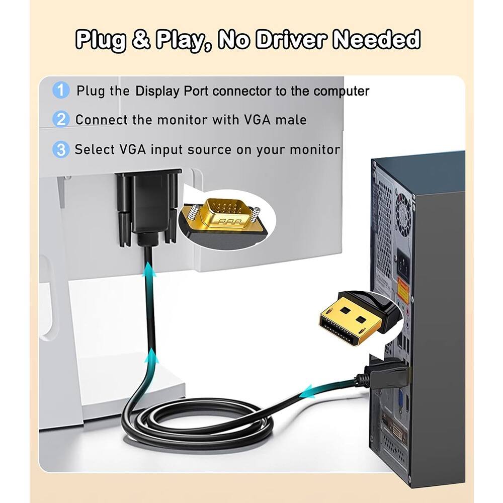 Plug & Play, No Driver Needed

1. Plug the Display Port connector to the computer
2. Connect the monitor with VGA male
3. Select VGA input source on your monitor