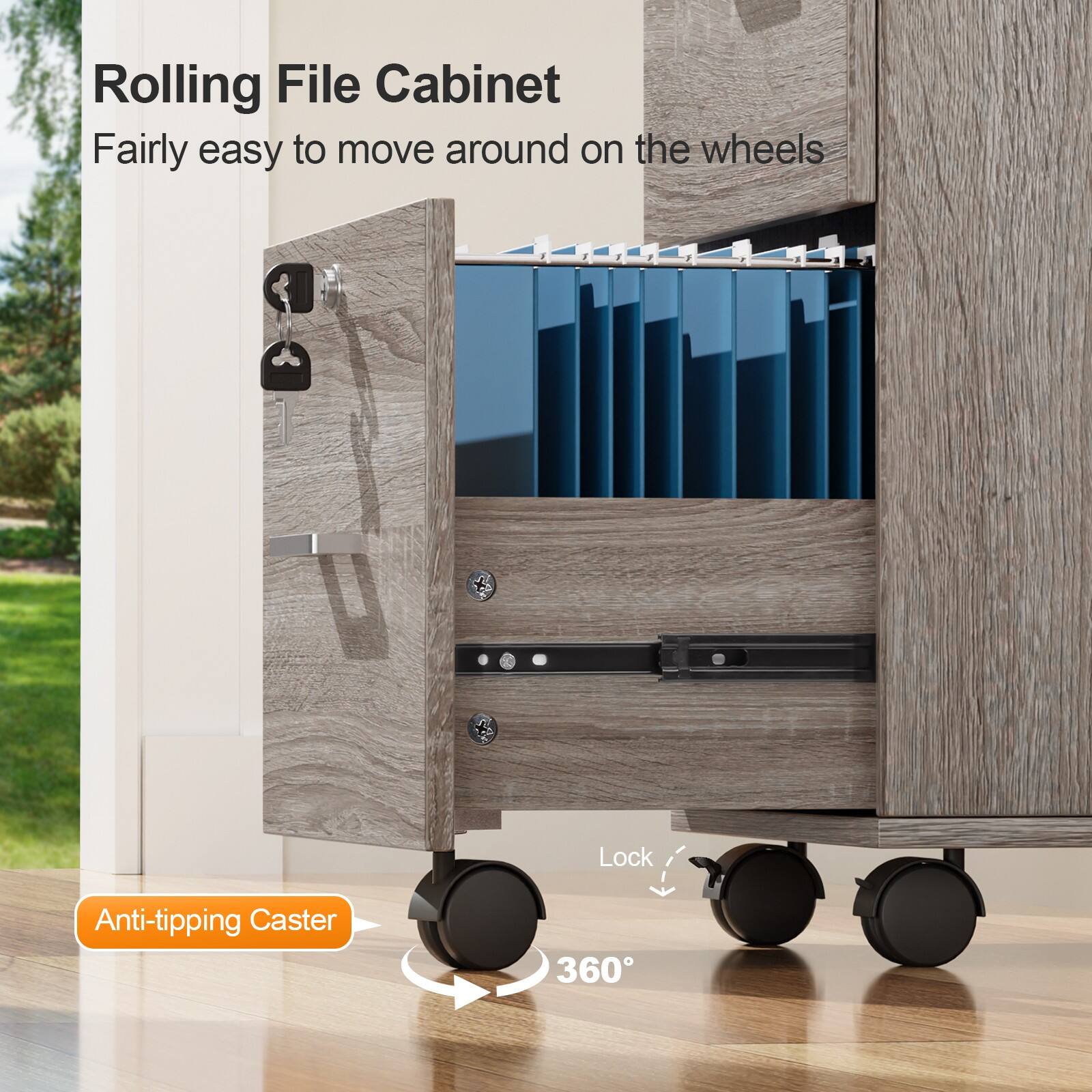 Alt View 4. Winado - 26"H 3 Drawer File Cabinet with Lock Wood File Cabinets with Hanging Bar - Gray Oak.