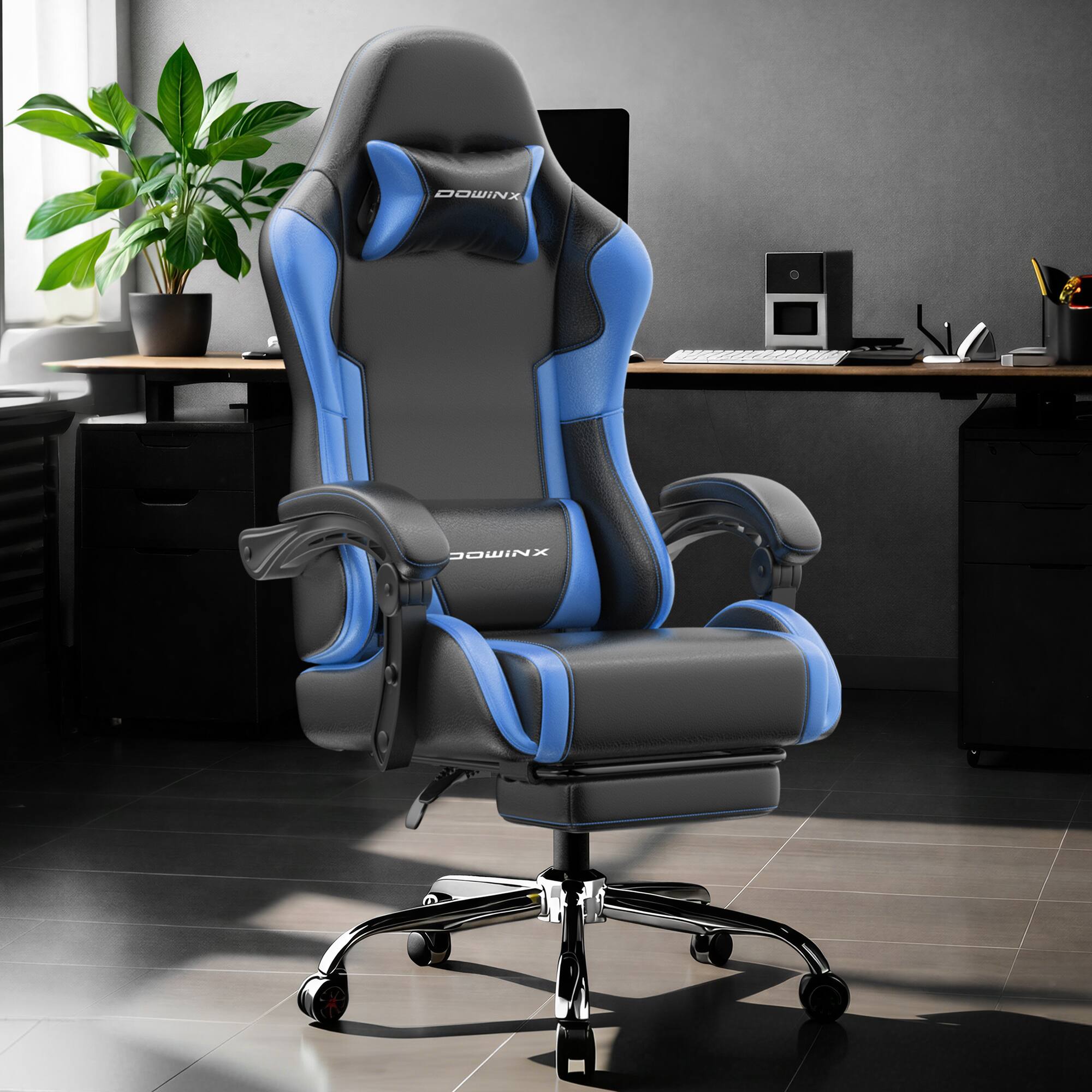 Alt View 3. Dowinx - Gaming Chair Armrest Height Adjustable, Office Chair with Footrest and Backrest, Game Chair Heavy-duty for Big and Tall - Black Blue.