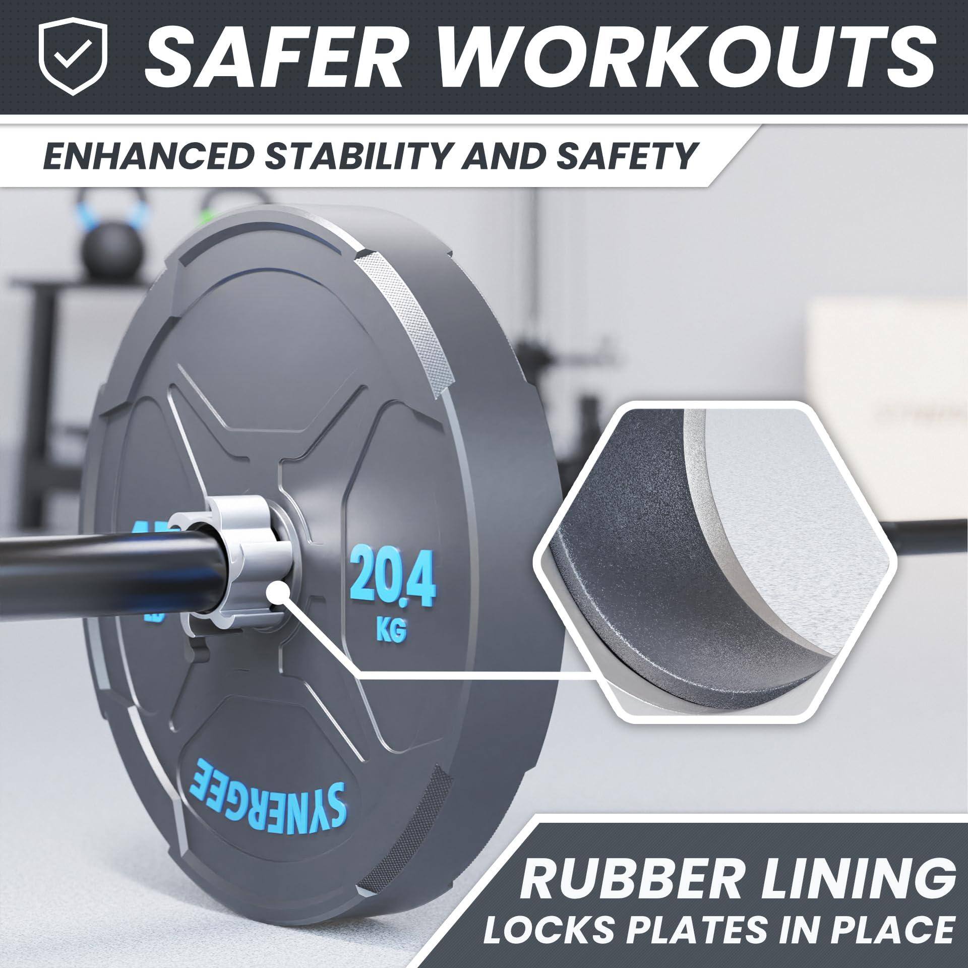 SAFER WORKOUTS  
ENHANCED STABILITY AND SAFETY  

204 KG  

RUBBER LINING LOCKS PLATES IN PLACE