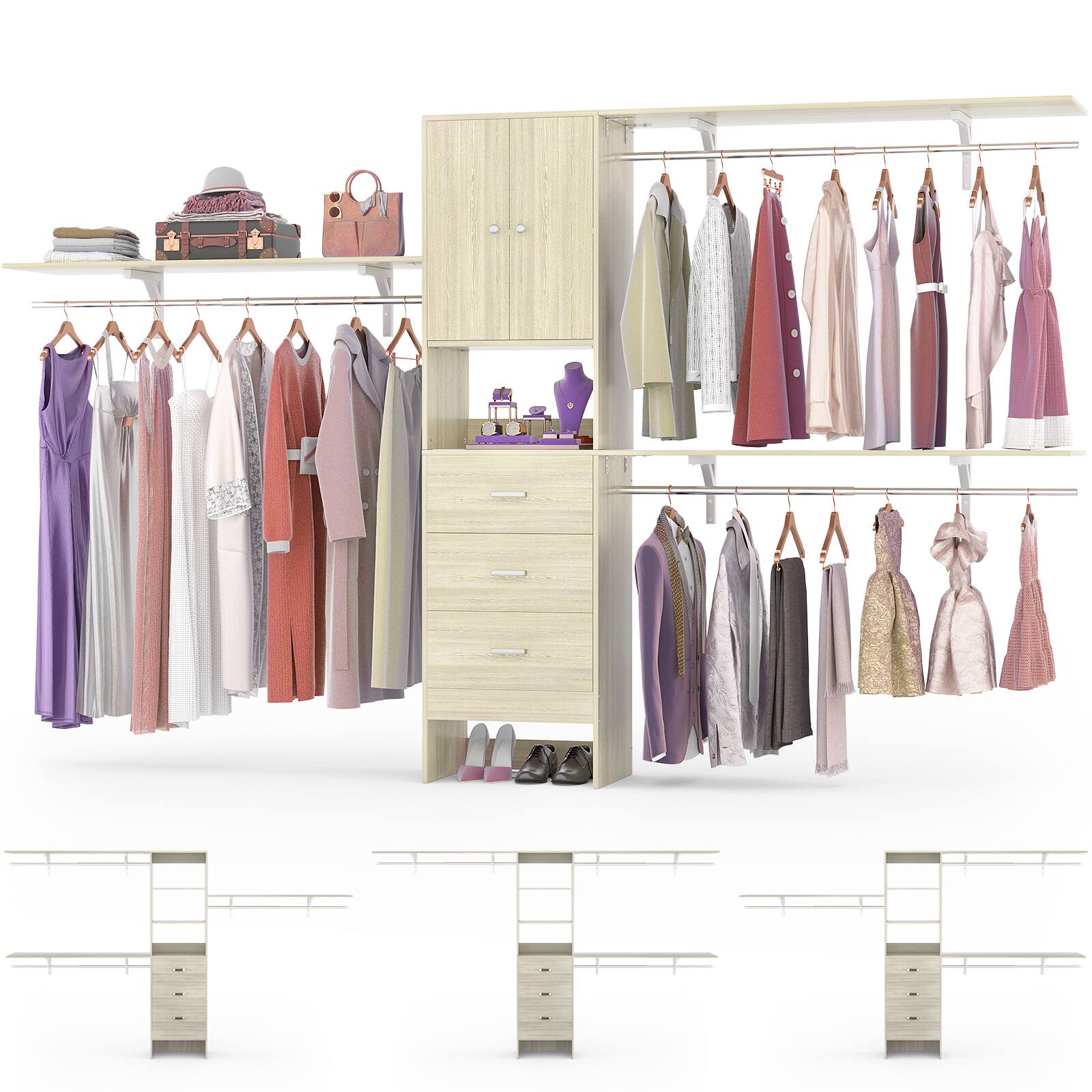 Angle. Aheaplus - 120'' Large Closet System with Drawers and Doors, 10FT Heavy Duty Closet Organizer with 3 Hanging Rods & Shelf Towers - Beige Oak.