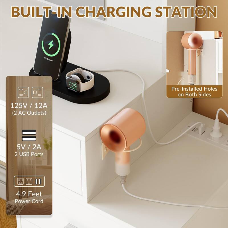 BUILT-IN CHARGING STATION

- 125V / 12A (2 AC Outlets)
- 5V / 2A (2 USB Ports)
- 4.9 Feet Power Cord
- Pre-Installed Holes on Both Sides
