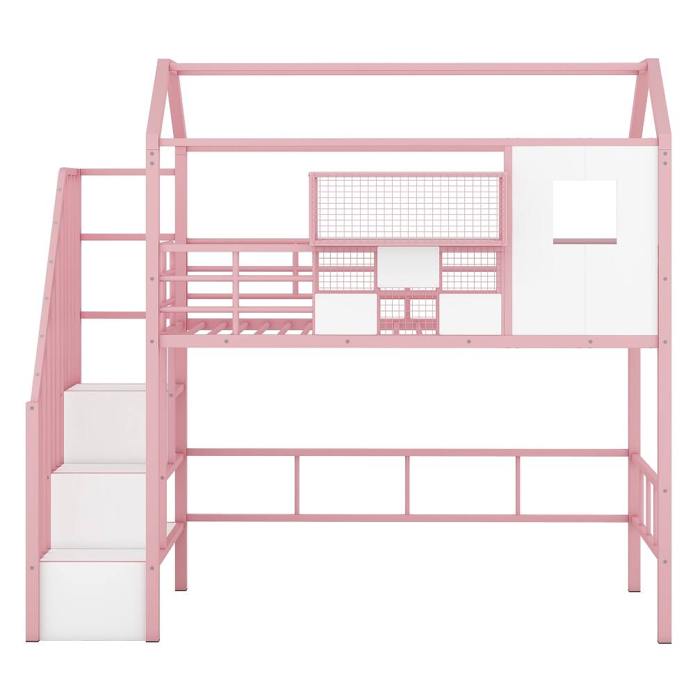 Alt View 7. Loheer - Loheer Metal Loft Bed Twin Size Pink House Bed with Storage - Pink.