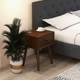 LUCKY ONE - Assembled Mid Century Nightstand 1-Drawer Solid Wood Tapered Legs - Brown