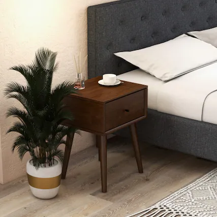 Front. LUCKY ONE - Assembled Mid Century Nightstand 1-Drawer Solid Wood Tapered Legs - Brown.
