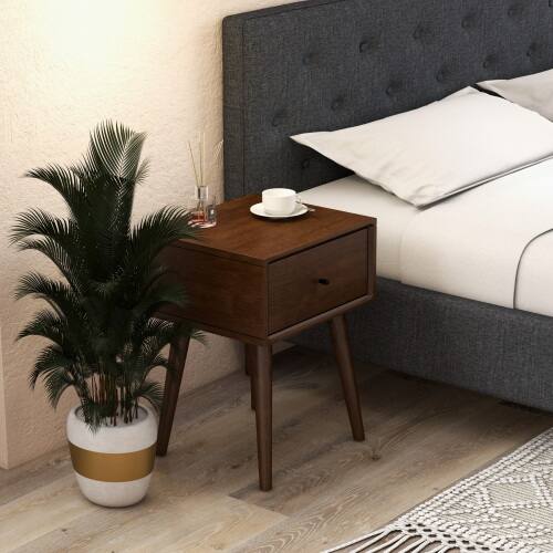 Front. LUCKY ONE - Assembled Mid Century Nightstand 1-Drawer Solid Wood Tapered Legs - Brown.