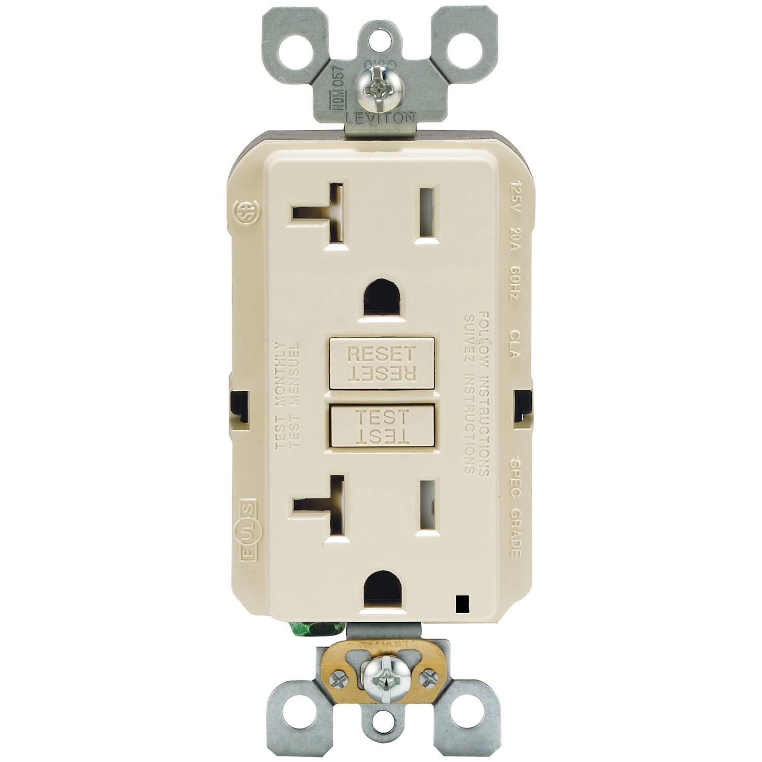 OOO 057 0100 NOM LEVITON  
S FUS F  
MONTHLY TEST  
MENSUEL TEST  
RESET RESET TEST TEST  
SUIVEZ INSTRUCTIONS  
FOLLOW INSTRUCTIONS  
125V 20A 60Hz CLA SPEC GRADE