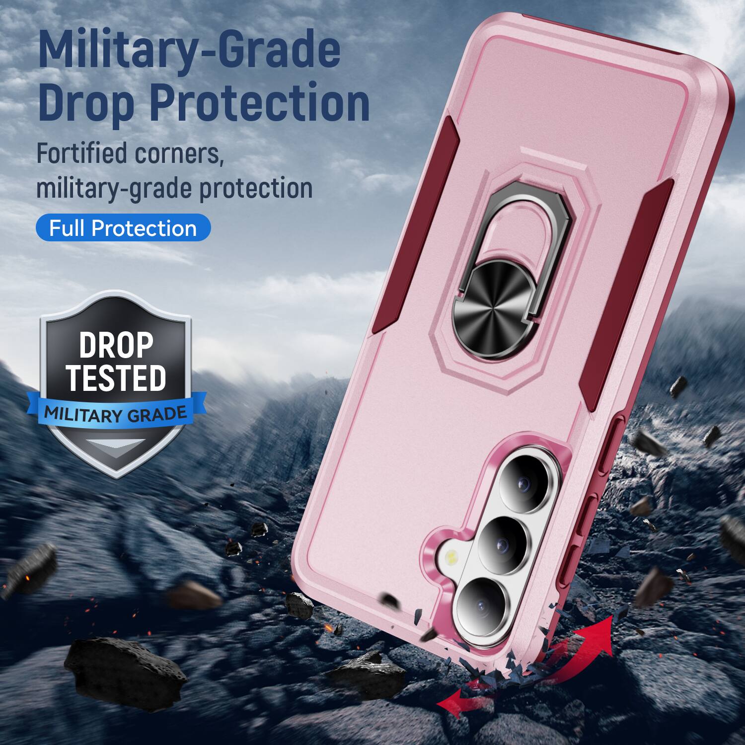 Military-Grade Drop Protection  
Fortified corners, military-grade protection  
Full Protection  

DROP TESTED  
MILITARY GRADE