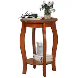 Gymax - 2-Tier Round End Table Narrow Sofa Side Nightstand w/ Storage Shelf & Wood Legs - Walnut