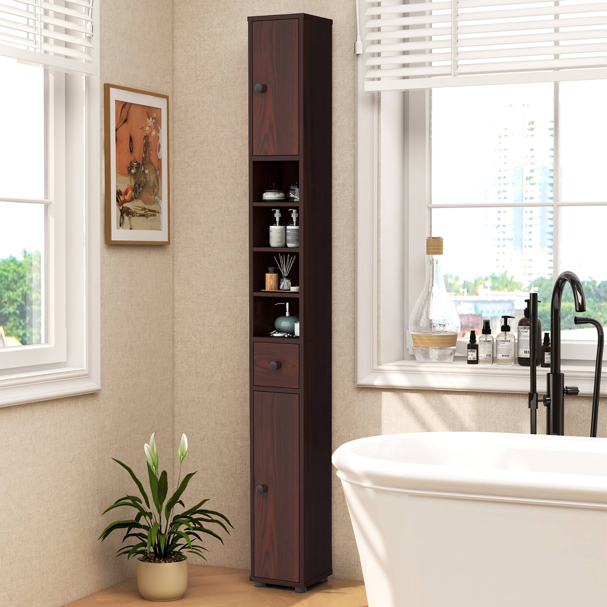 Alt View 3. Gymax - Gymax Tall Slim Bathroom Storage Cabinet Linen Tower w/Drawer Adjustable Shelves Brown - Brown.
