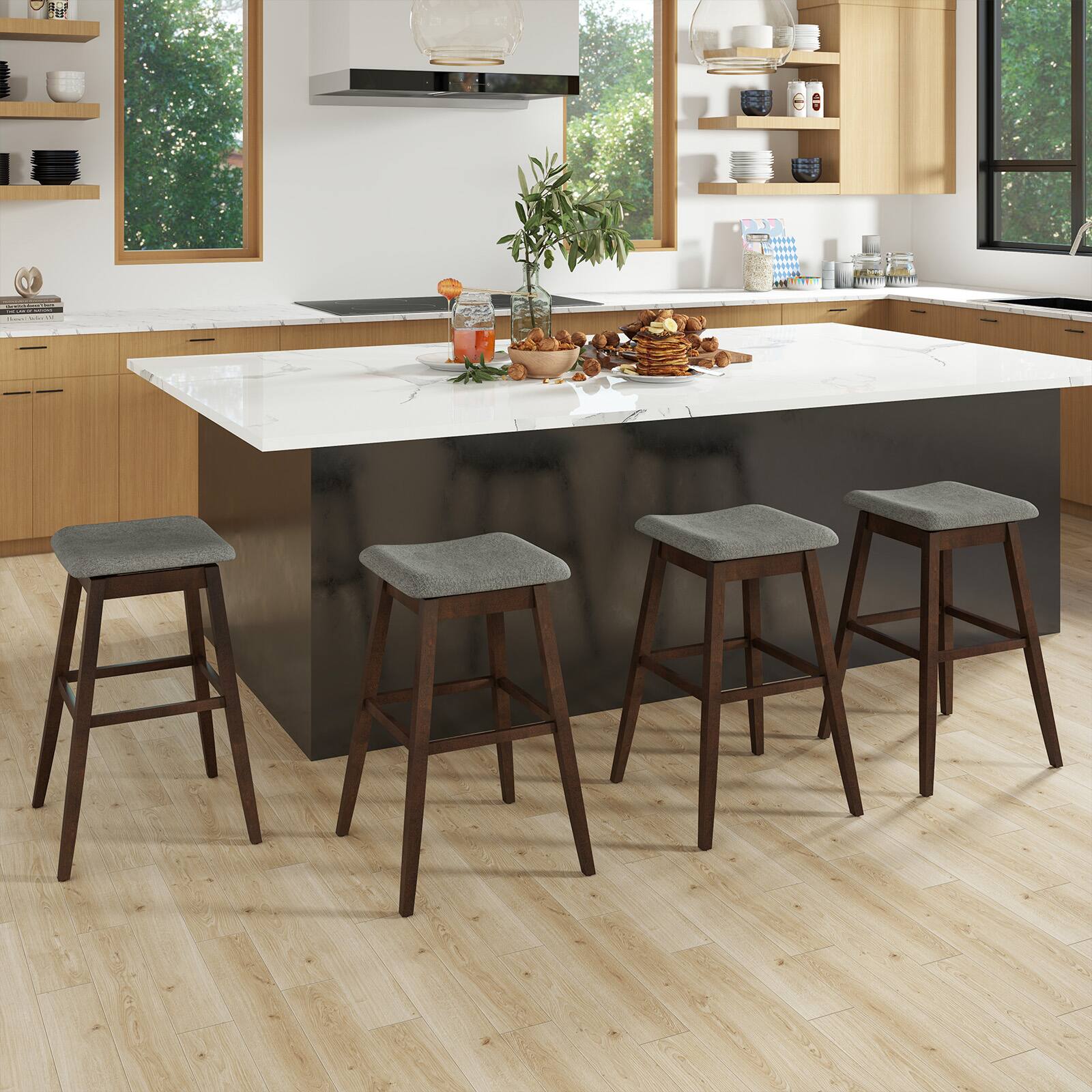 Alt View 8. Gymax - Gymax Set of 2 Swivel Bar Stools 30'' Bar Chairs w/ Padded Contoured Seat & Footrest - Gray, Brown.