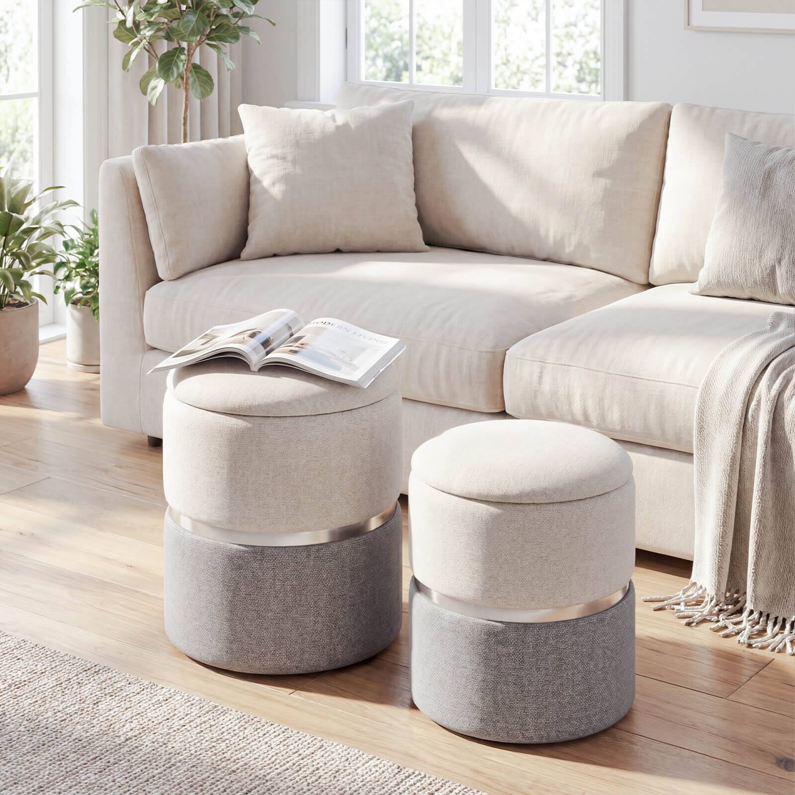 Alt View 1. Costway - Costway Linen Fabric Storage Ottoman Set of 2 Modern Round Ottoman with Storage for Bedroom - Beige + Grey.