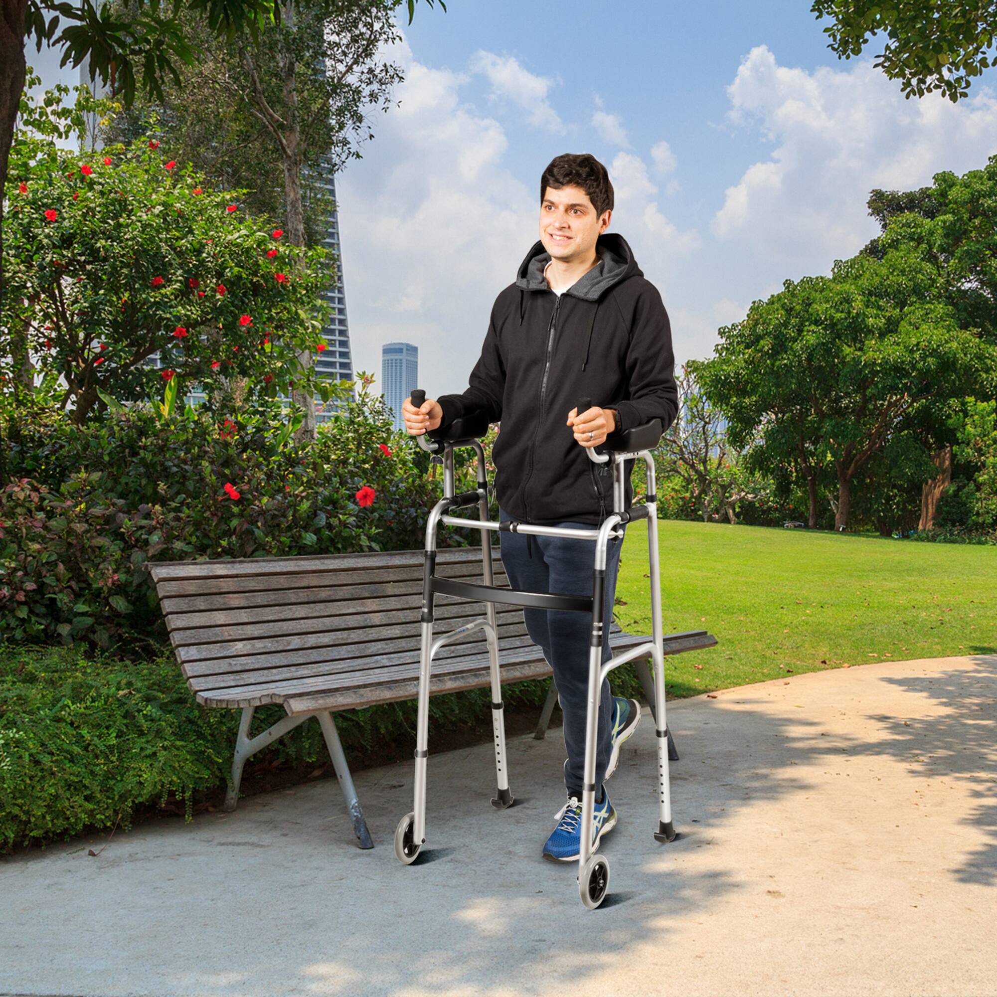 Alt View 1. Gymax - Gymax Folding Walker Adjustable Walking Frame Aluminum Walking Aid w/ Wheels Silver - Silver.