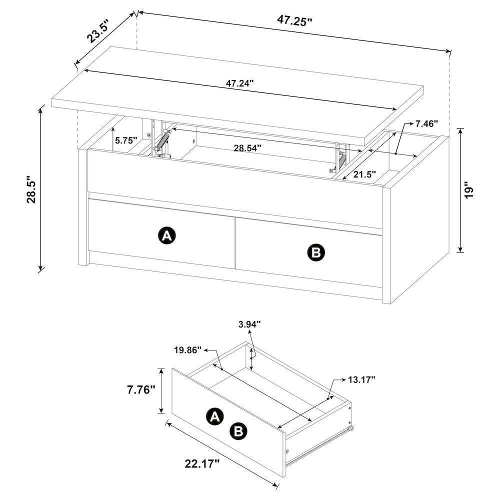 23.5"  
47.25"  
47.24"  
5.75"  
28.54"  
7.46"  
28.5"  
21.5"  
19"  
3.94"  
19.86"  
7.76"  
13.17"  
22.17"