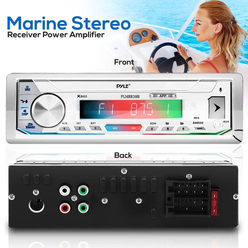 Marine Stereo  
Receiver Power Amplifier  

Front  
PYLE®  
PLMRB38B  
SRC DISP XBASS / 1 XBASS  
F 0.75 1  
INT RPT RDM 2 3 FC 4 5 RES BAND/AS .AUX  

Back