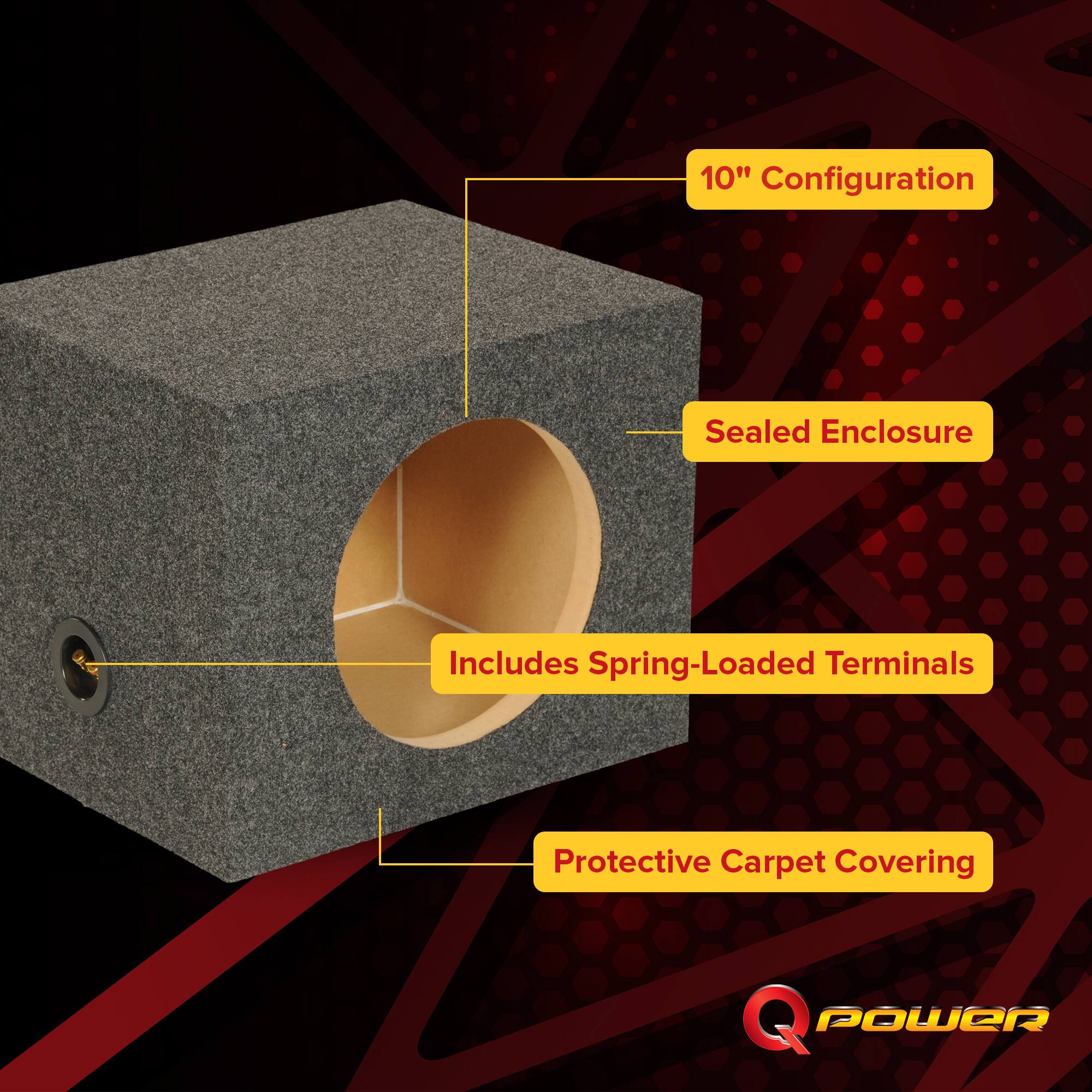 10" Configuration  
Sealed Enclosure  
Includes Spring-Loaded Terminals  
Protective Carpet Covering  
Q POWER