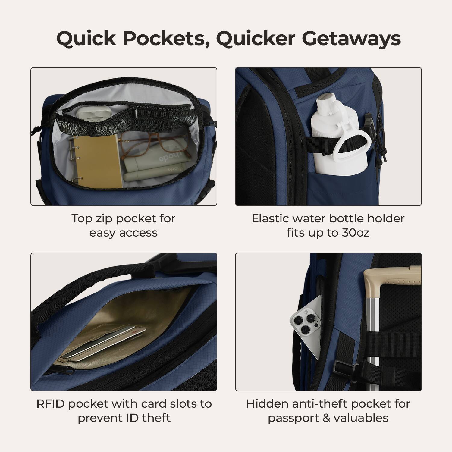 Quick Pockets, Quicker Getaways

- Top zip pocket for easy access
- Elastic water bottle holder fits up to 30oz
- RFID pocket with card slots to prevent ID theft
- Hidden anti-theft pocket for passport & valuables
