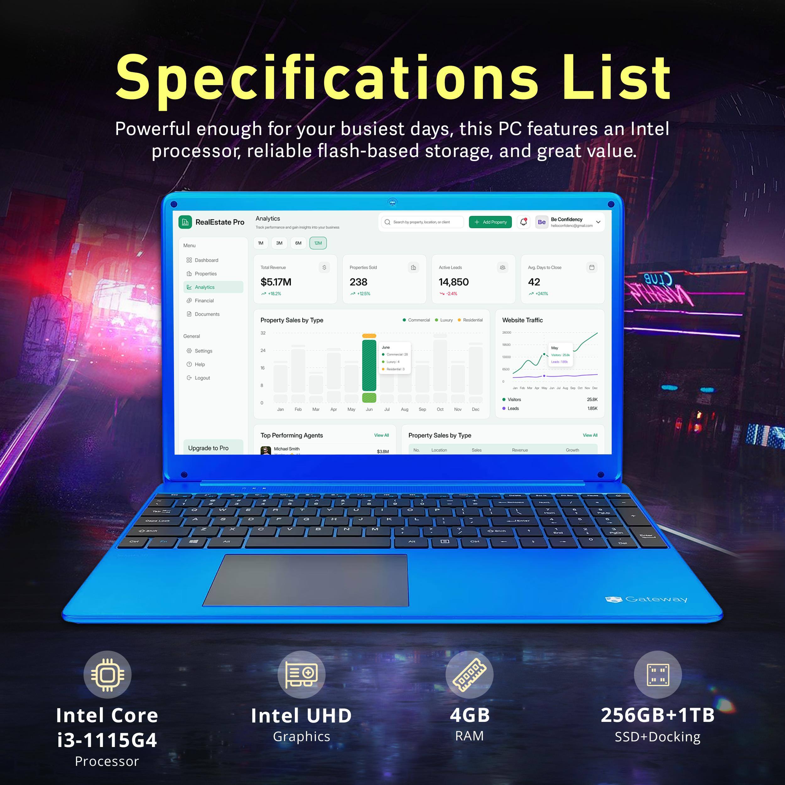Specifications List  
Powerful enough for your busiest days, this PC features an Intel processor, reliable flash-based storage, and great value.

- Intel Core i3-1115G4 Processor
- Intel UHD Graphics
- 4GB RAM
- 256GB+1TB SSD+Docking