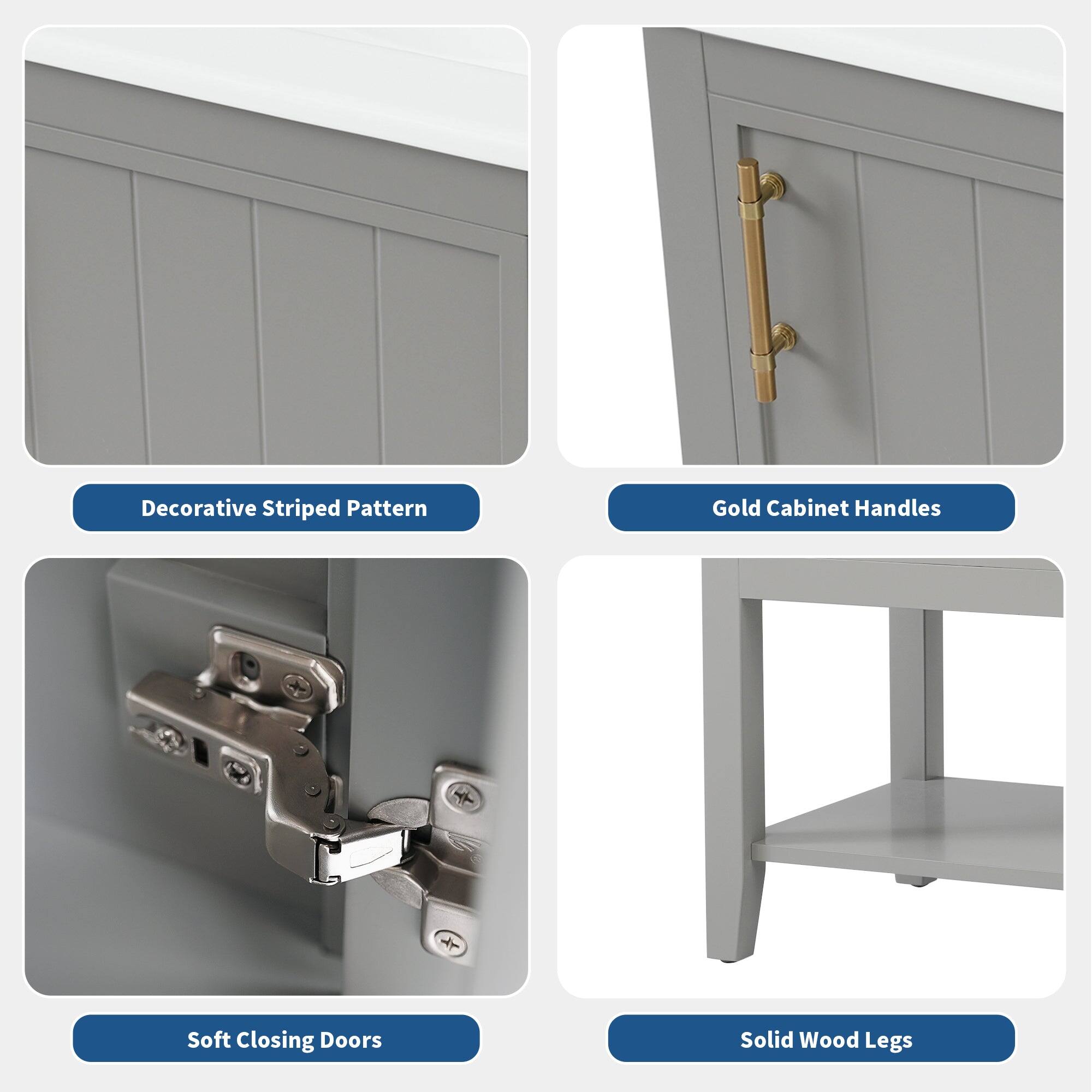 - Decorative Striped Pattern
- Gold Cabinet Handles
- Soft Closing Doors
- Solid Wood Legs