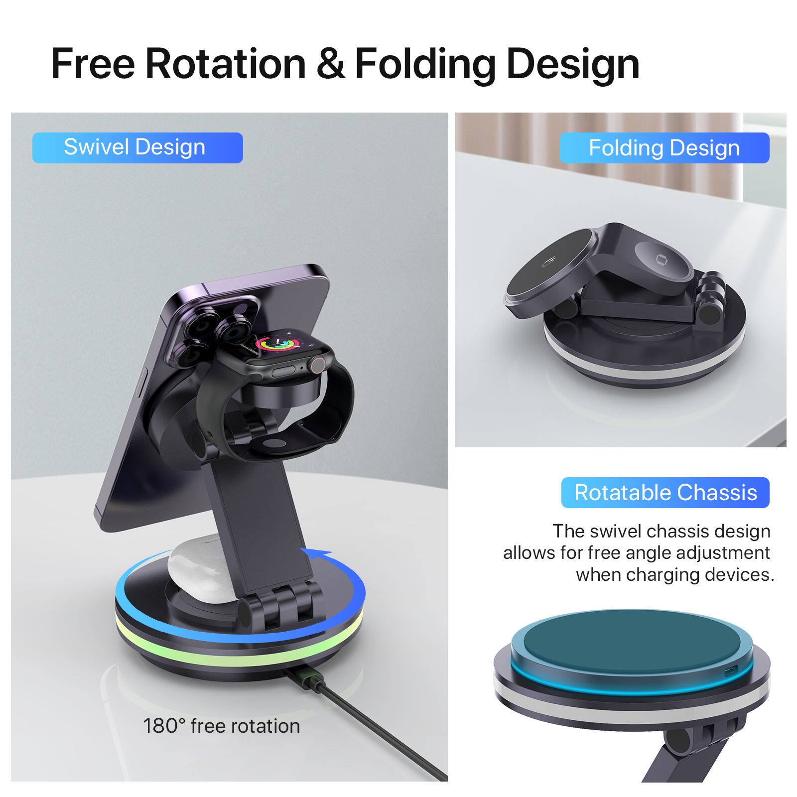 Free Rotation & Folding Design

Swivel Design  
180° free rotation

Folding Design

Rotatable Chassis  
The swivel chassis design allows for free angle adjustment when charging devices.