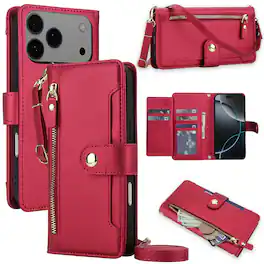 Dteck - Crossbody Zipper Wallet Case for Apple iPhone 17 Pro,Faux Leather Magnetic Closure Flip Credit Card Holder Cover+Lanyard - Red