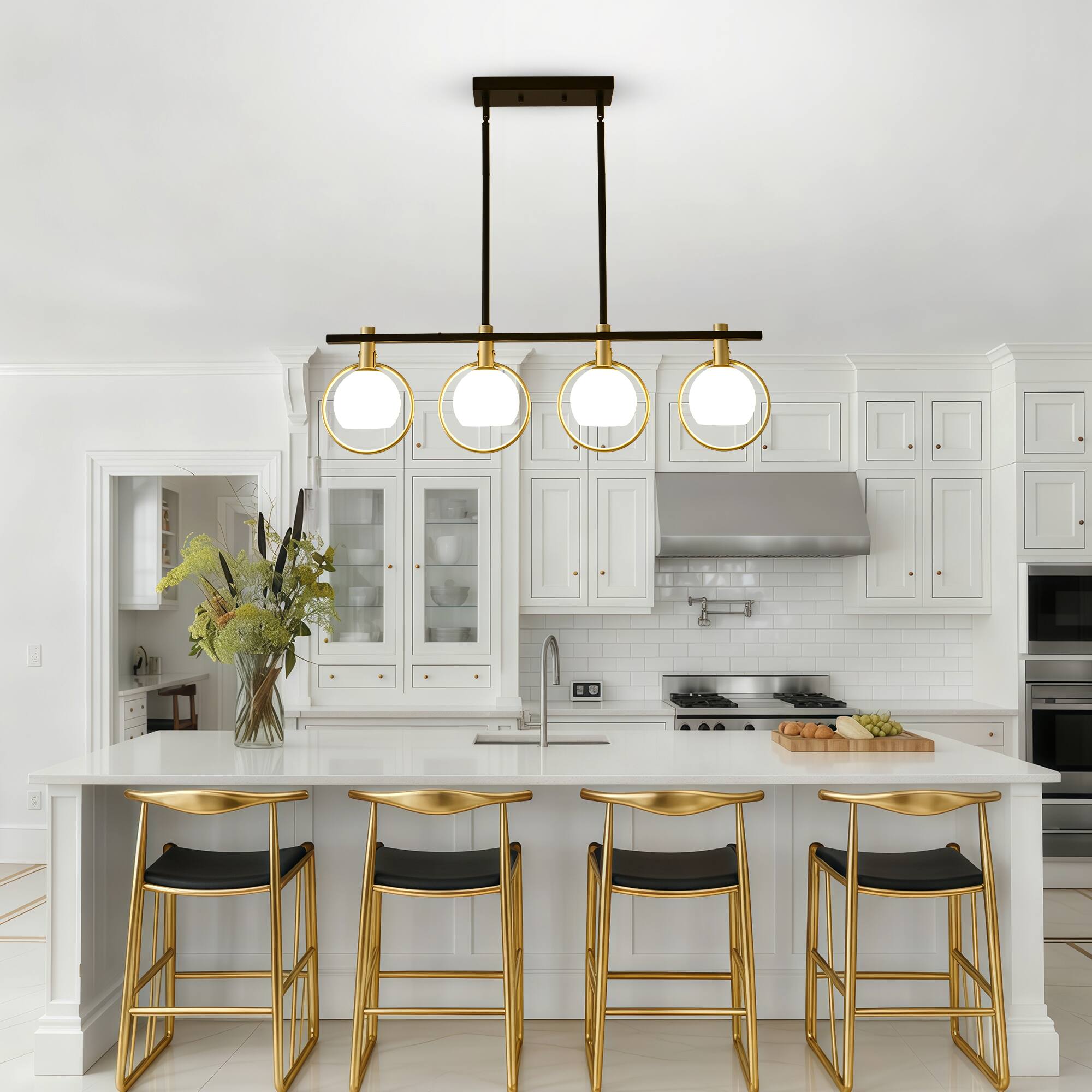 Angle. RYHNUYNE - 4-Light Dining Room Light Fixture,Gold Kitchen Island Lighting with Milk Glass Shade, Linear Chandeliers for Kitchen Din - Black.