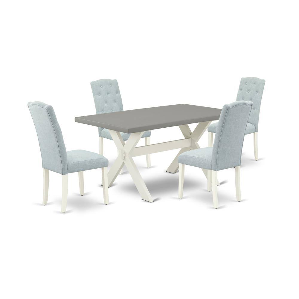 Left. East West Furniture - East West Furniture 5-Pc Dining Room Table Set- 4 Upholstered Dining Chairs with Baby Blue Linen Fabric Seat and Button - Multi-Color.