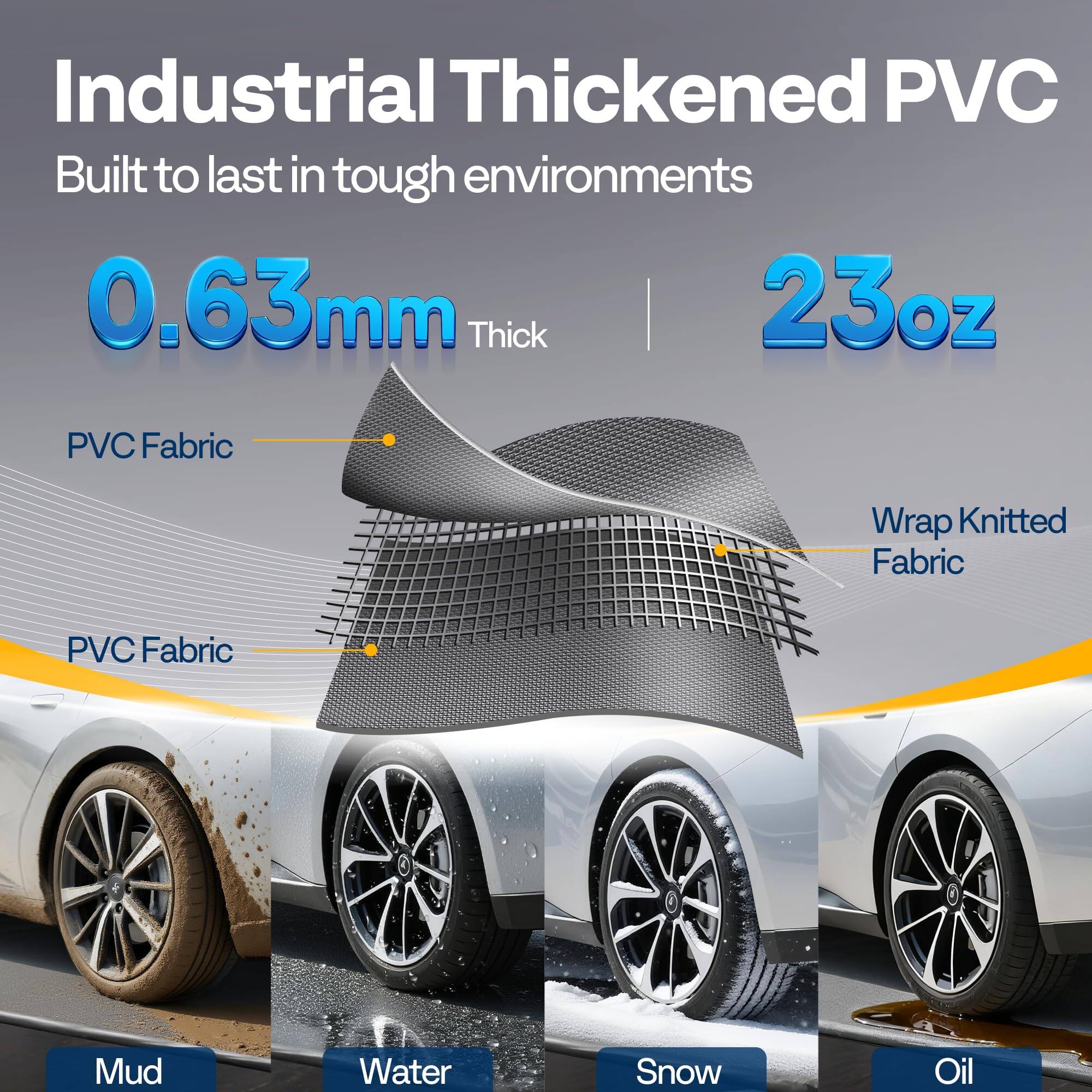 Industrial Thickened PVC  
Built to last in tough environments  

0.63mm Thick | 23oz  

PVC Fabric  
Wrap Knitted Fabric  

Mud  
Water  
Snow  
Oil
