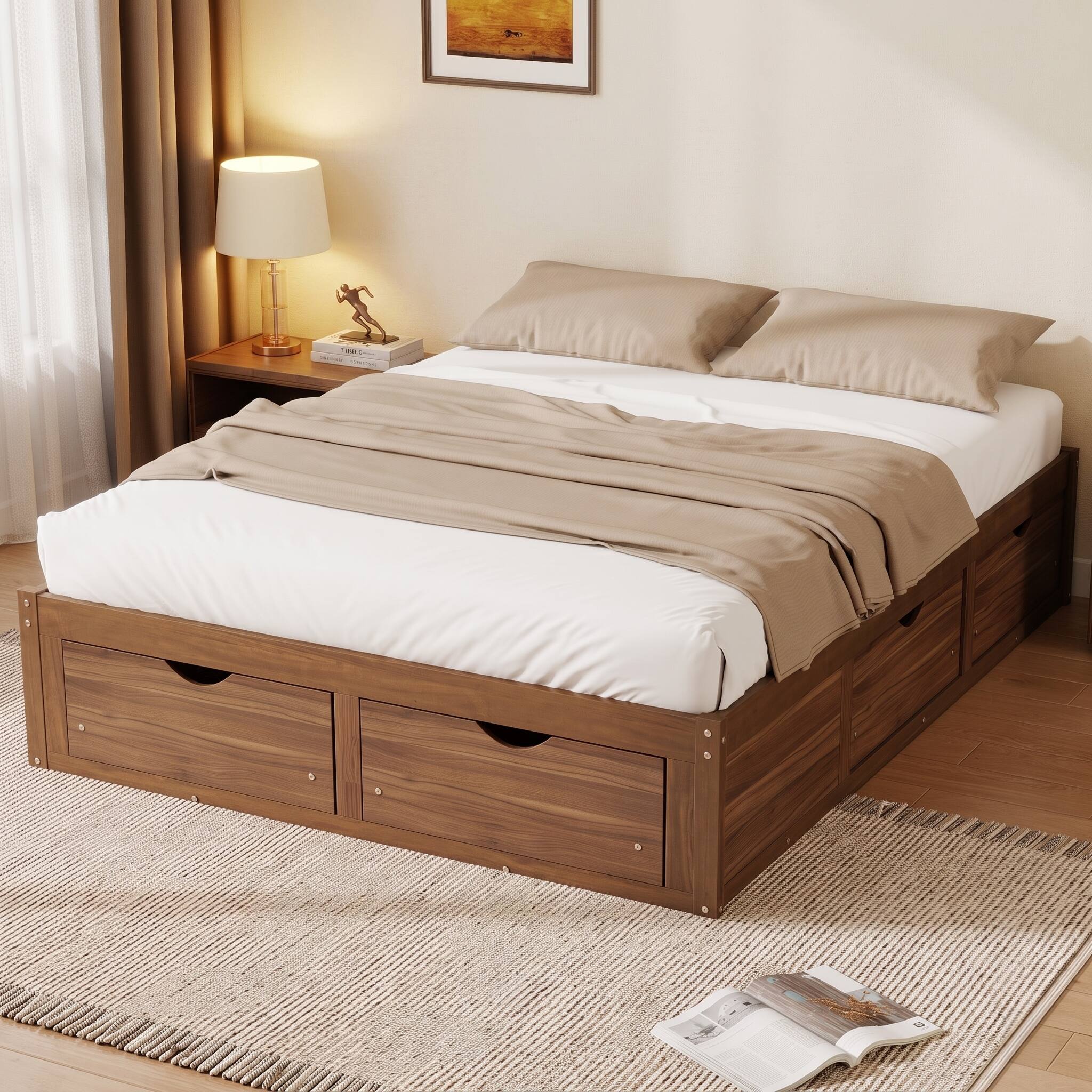Angle. Whisen - Storage Platform Bed with 6 Spacious Pull-Out Drawers for Bedroom - Light Walnut.