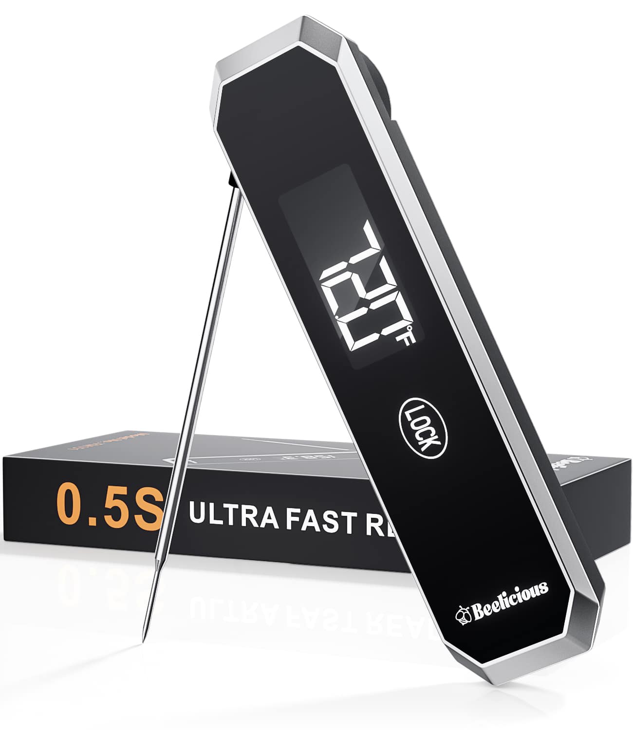 Beelicious - Meat Thermometer with Temp Lock & Auto-Resume,0.5 Sec Instant Read Digital Probe, IP67 Waterproof - Black