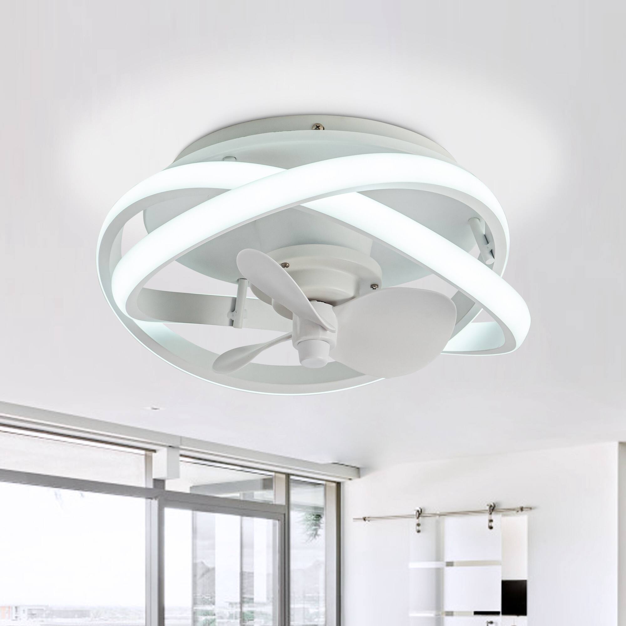 Back. Parrot Uncle - 12.5" Modern White Flush Mount Ceiling Fan with LED Light - Matte White.
