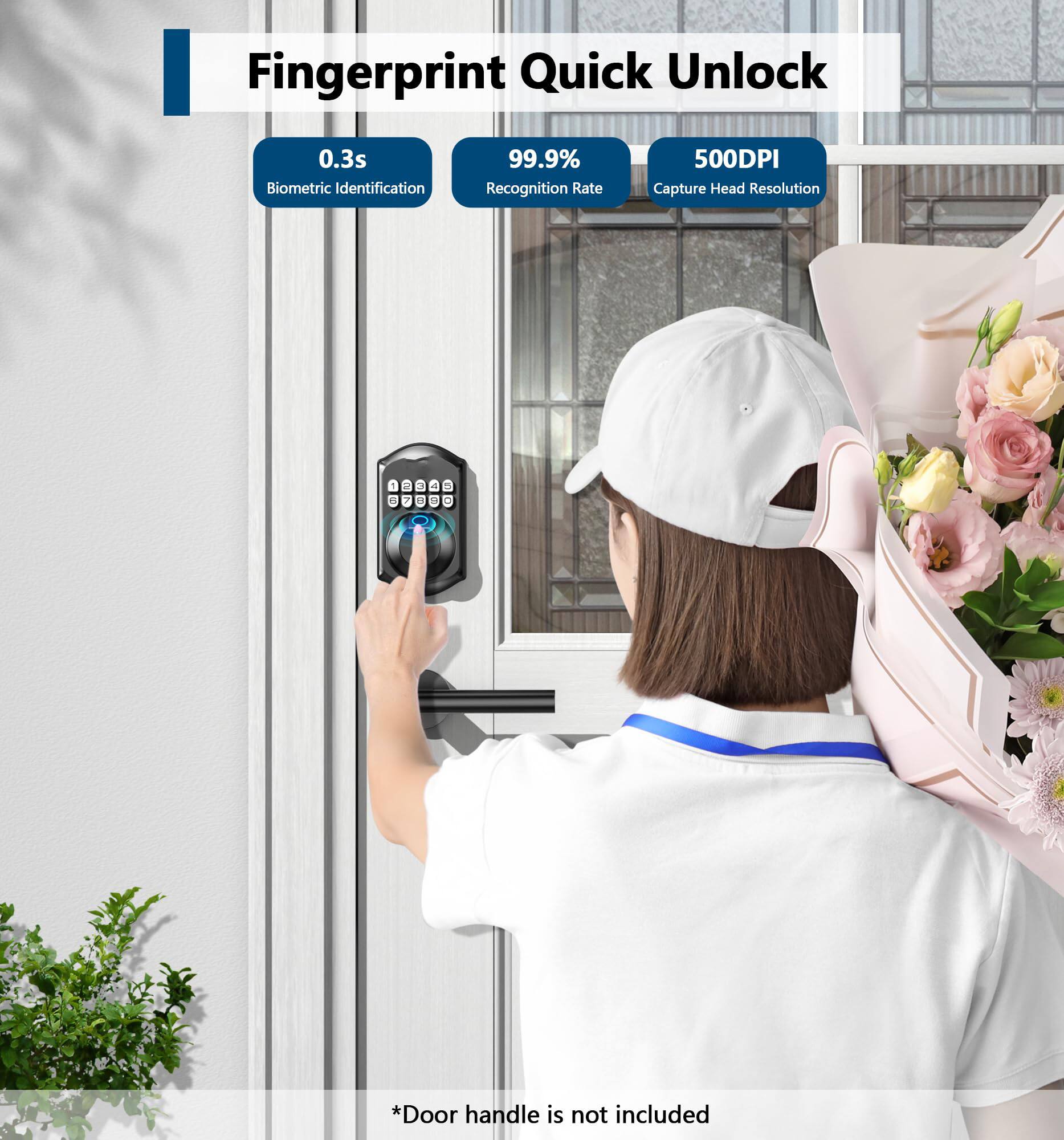 Fingerprint Quick Unlock

- 0.3s Biometric Identification
- 99.9% Recognition Rate
- 500DPI Capture Head Resolution

*Door handle is not included