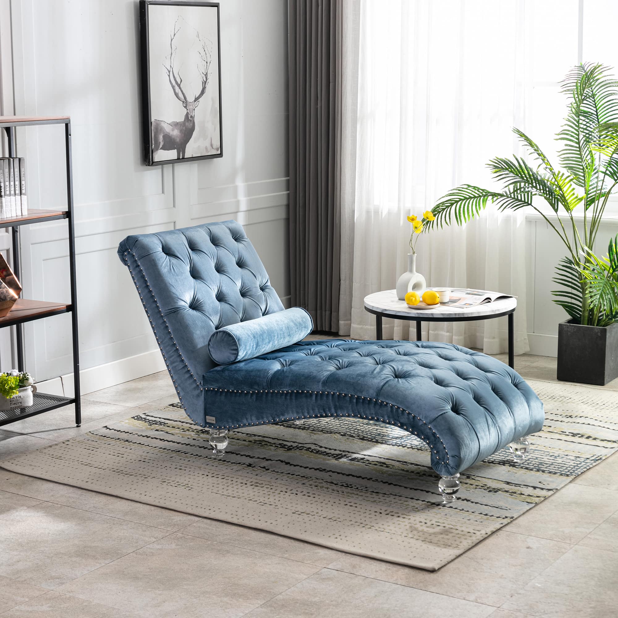 Trinkets Crazed - Velvet Indoor Chaise Lounge Chair with Toss Pillow, Upholstered Modern Tufted Button Lounge Chair with Acrylic Legs - Light Blue