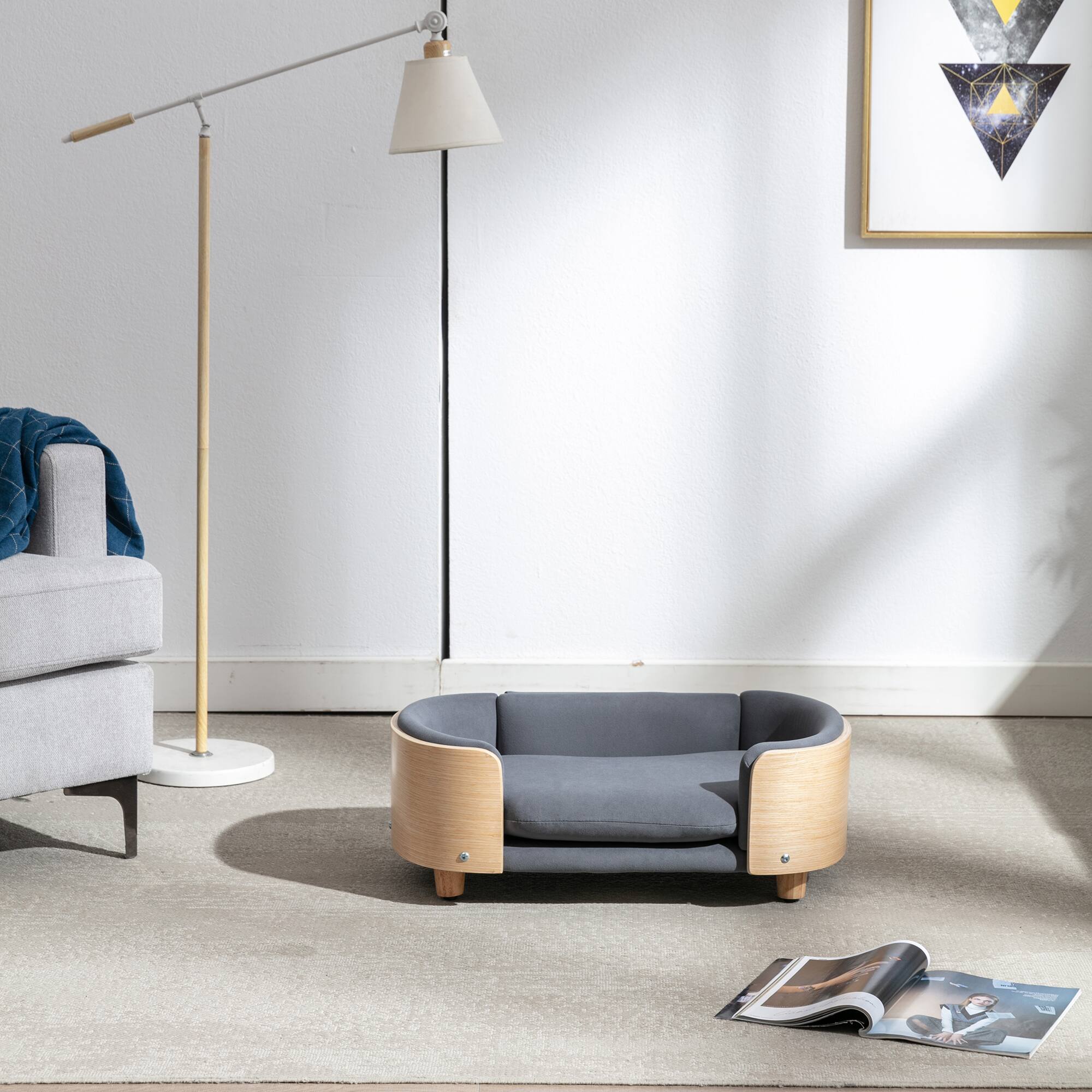 Back. APRILSOUL - Scandinavian style Elevated Dog Bed Pet Sofa With Solid Wood legs and Bent Wood Back Velvet Cushion Small Size - DARK GREY.