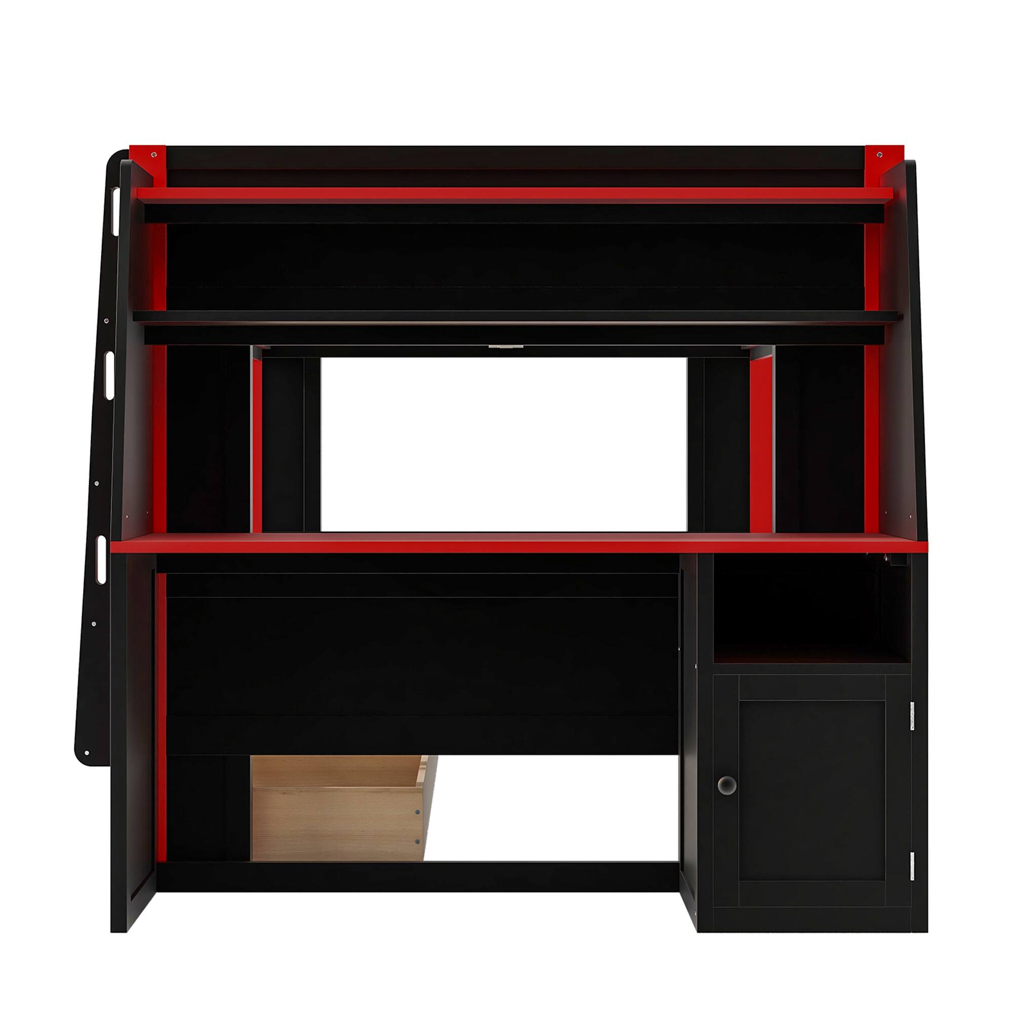 Alt View 2. Whisen - Full Size Multifunctional Bunk Bed with LED Lights, Integrated Desk, Shelves & Drawers-Red+Black - Black.