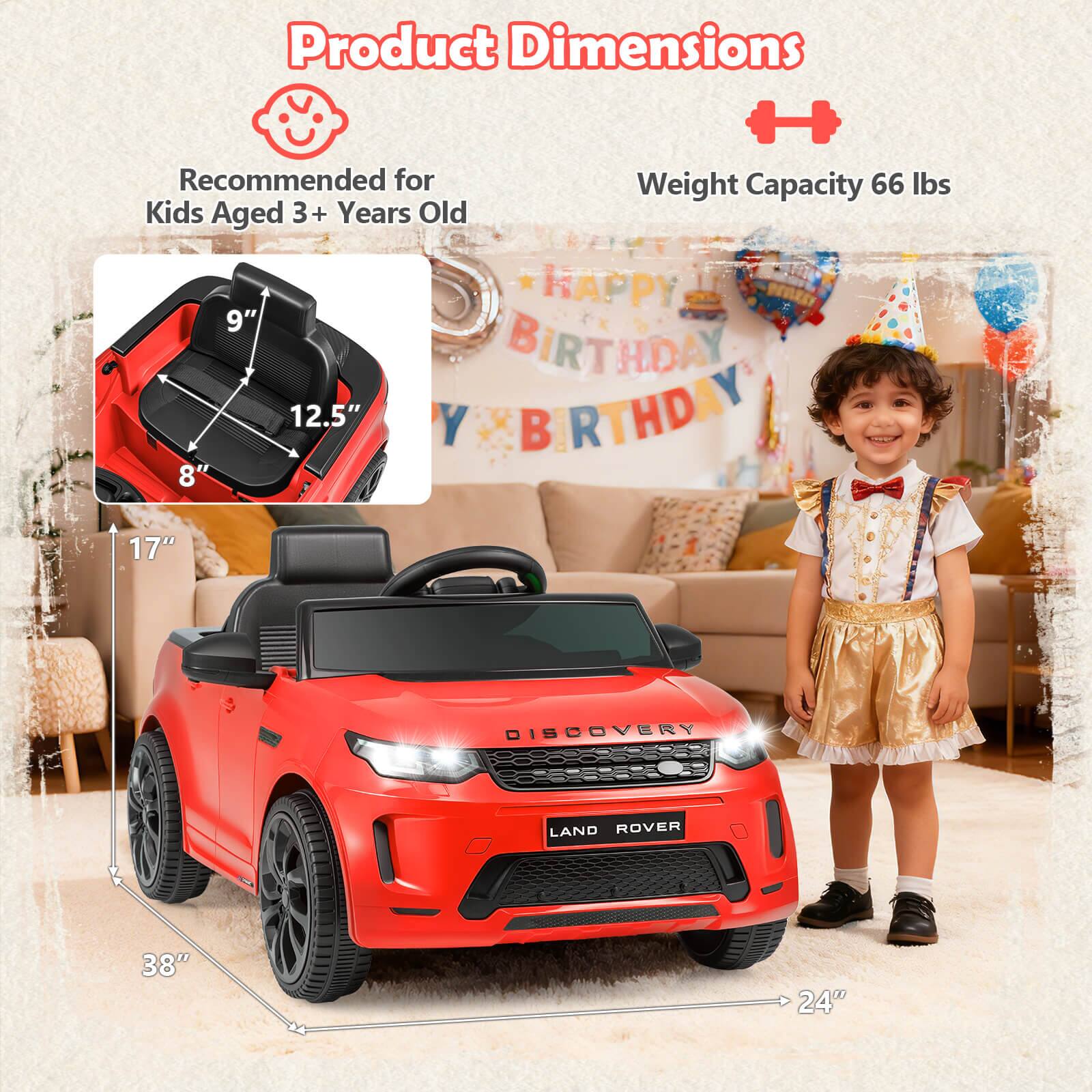 Product Dimensions  
Recommended for Kids Aged 3+ Years Old  
Weight Capacity 66 lbs  

9"  
12.5"  
8"  
17"  
38"  
24"