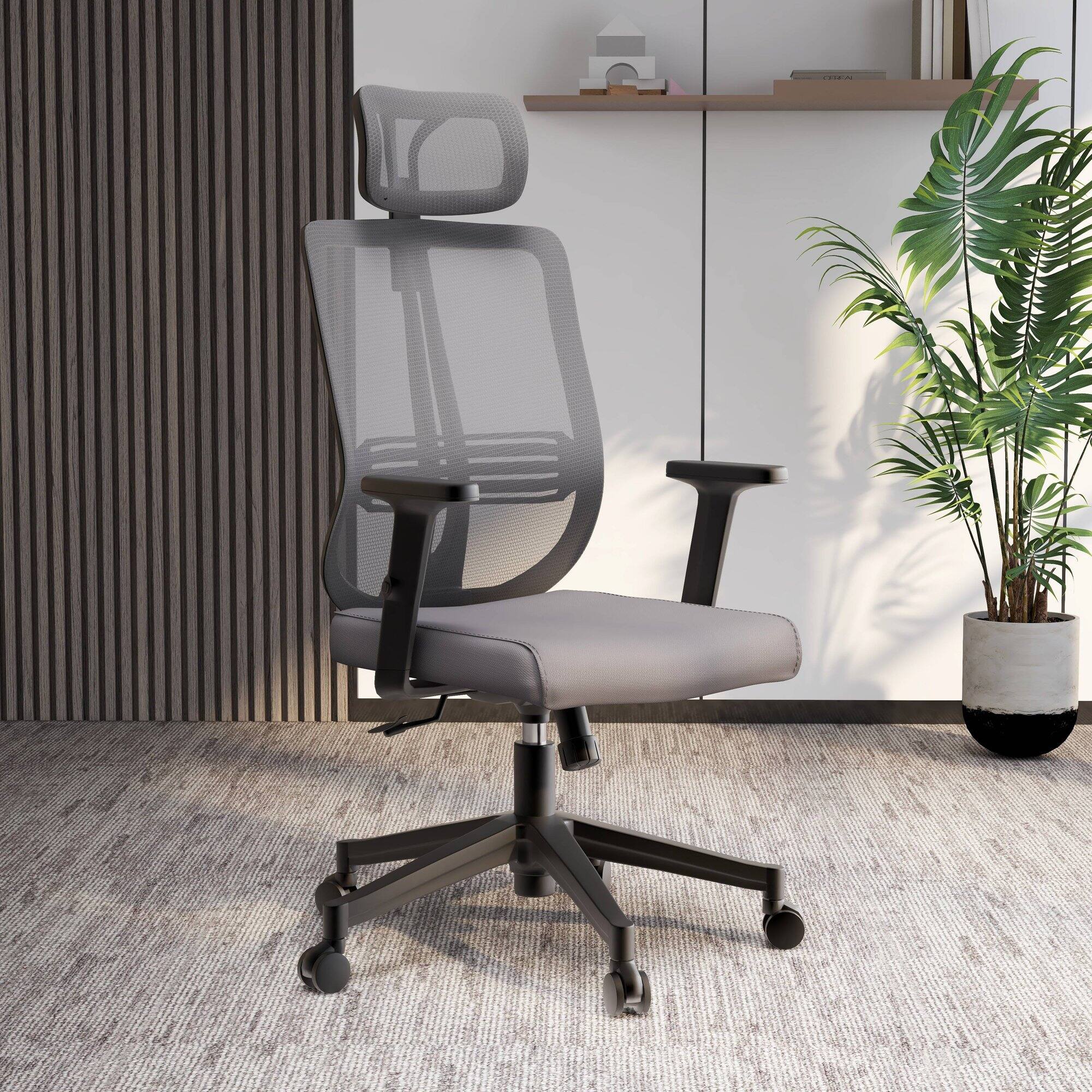 Left. LeisureMod - Nift Mesh Office Desk Chair with Headrest, Adjustable Height, Tilt, Armrests & Durable ABS Frame - Grey.