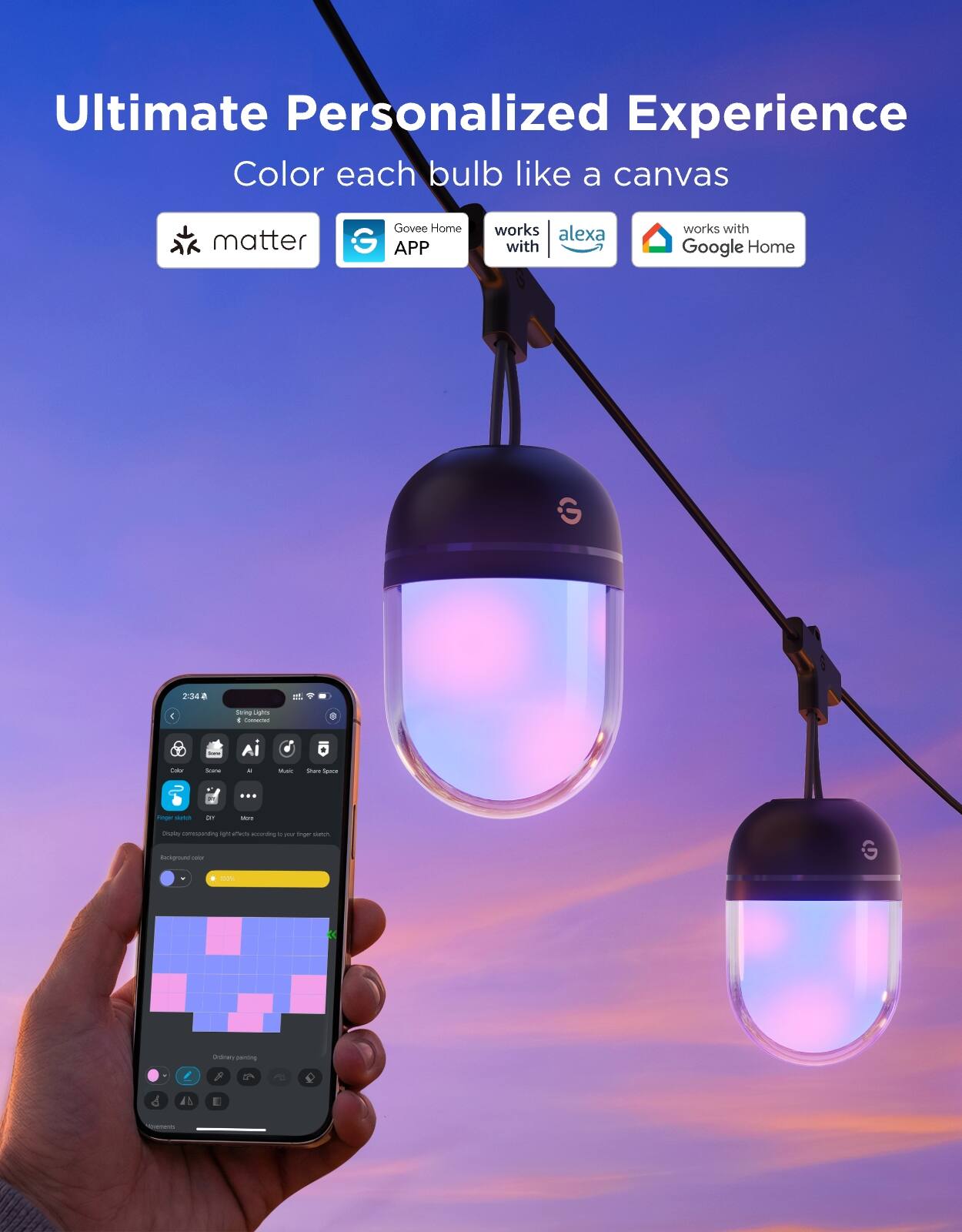 Ultimate Personalized Experience  
Color each bulb like a canvas  

- matter  
- Govee Home APP  
- works with Alexa  
- works with Google Home
