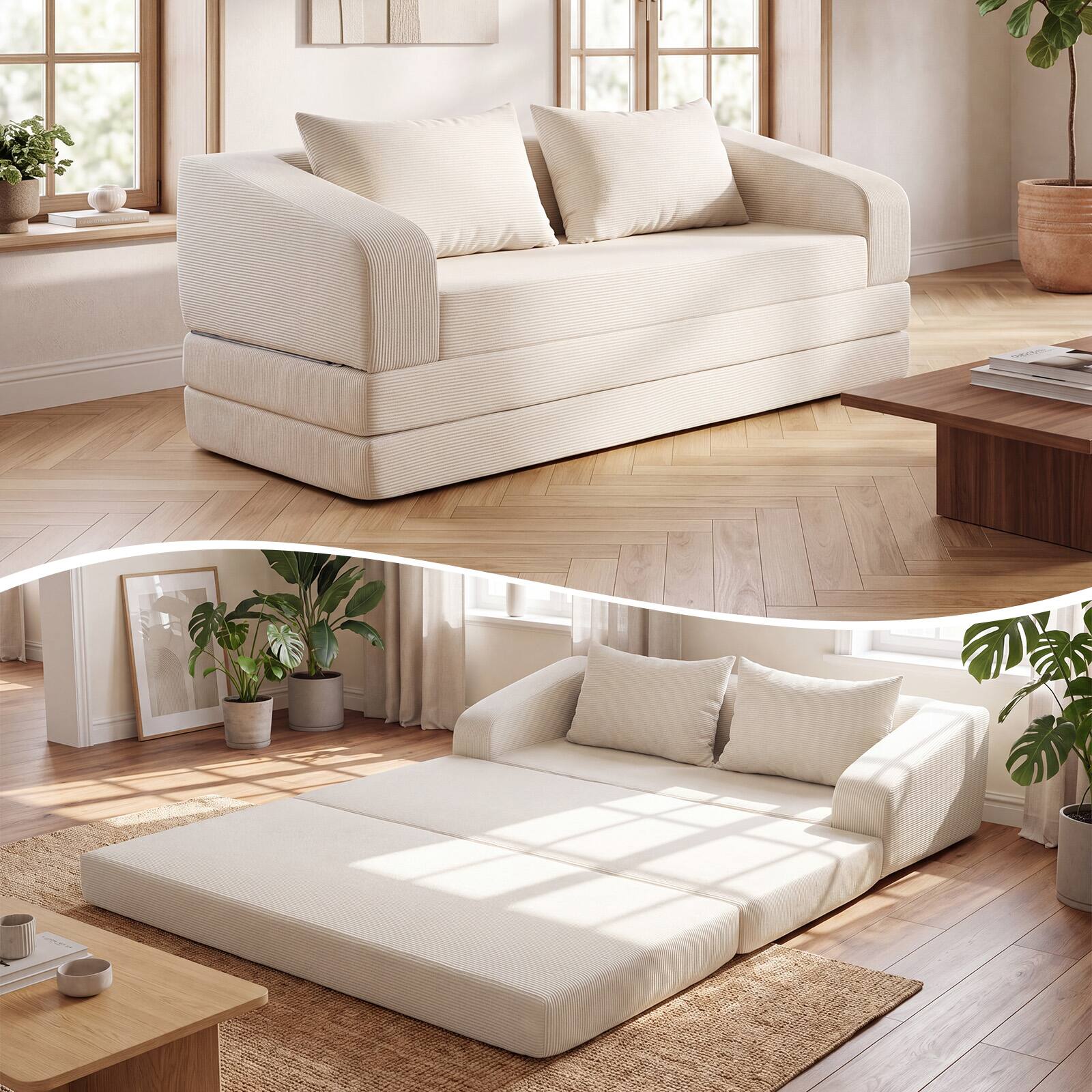 Alt View 4. Costway - Costway 61" Convertible Futon Sofa Bed with 2 Back Cushions for Living Room, No Assembly - Beige.