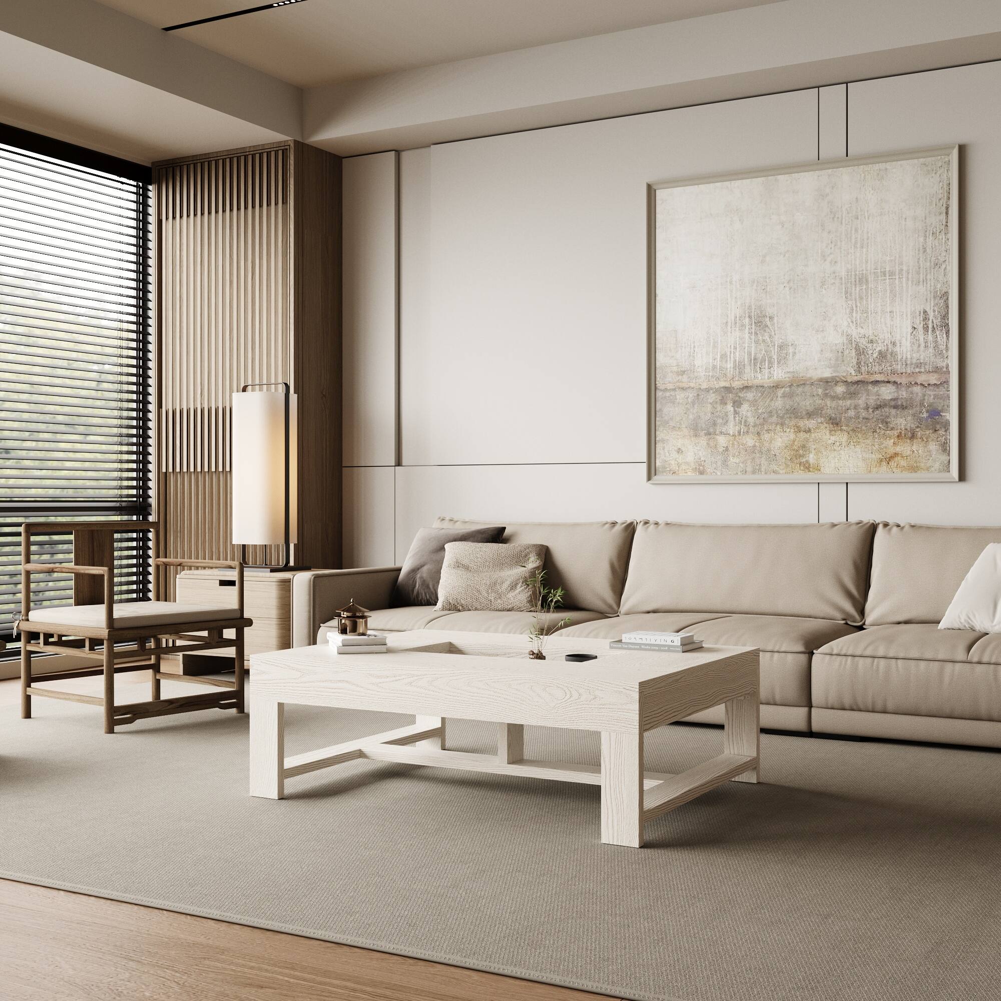 Angle. FUFU & GAGA - Wood Grain Hollow Coffee Table with Central Storage and Minimalist Frame for Living Room - Off-White.