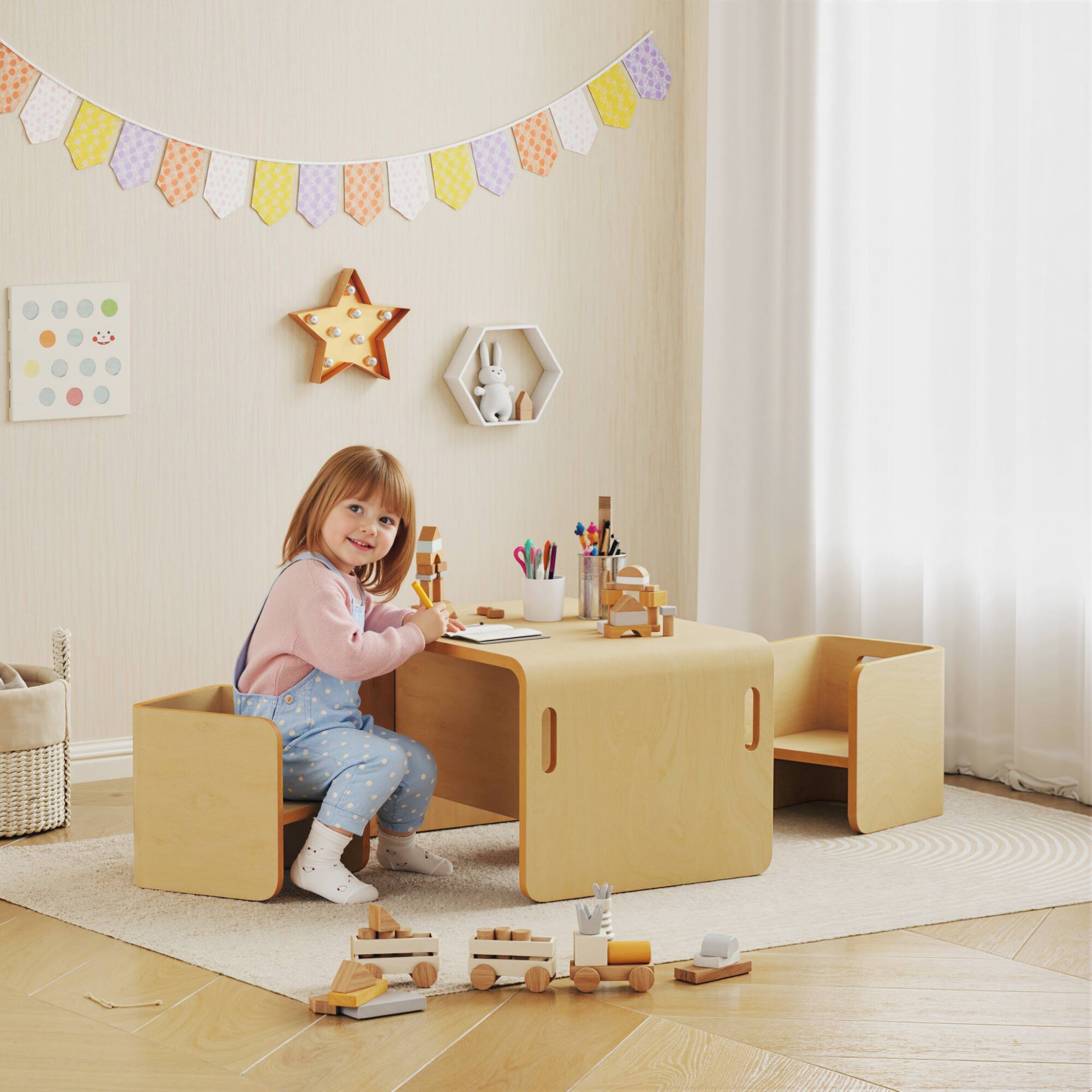 Angle. Qaba - Kids Table and Chair Set, Wooden Activity Table w/2 Adjustable Chairs, for 3-8, Play, Eating, Learning - Natural Wood.