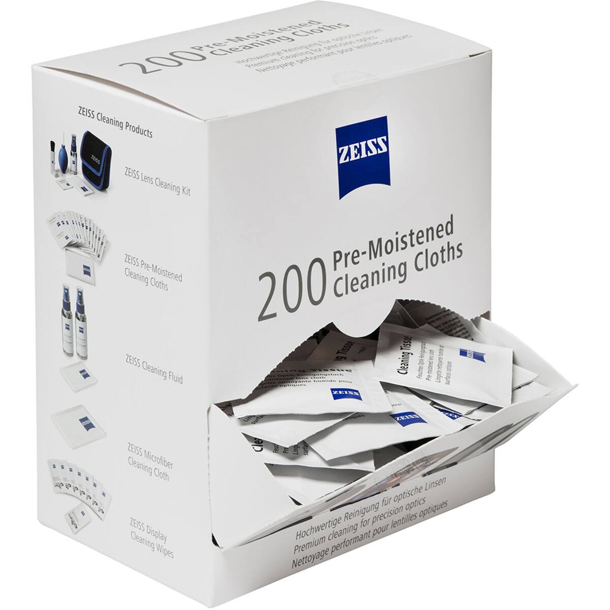 ZEISS Cleaning Products  
ZEISS Lens Cleaning Kit  
ZEISS Pre-Moistened Cleaning Cloths  
ZEISS Cleaning Fluid  
ZEISS Microfiber Cleaning Cloth  
ZEISS Display Cleaning Wipes  
200 Pre-Moistened Cleaning Cloths  
Premium cleaning for precision optics