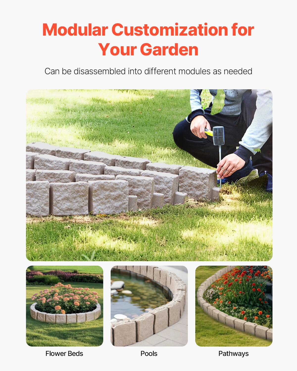 Modular Customization for Your Garden

Can be disassembled into different modules as needed

Flower Beds

Pools

Pathways