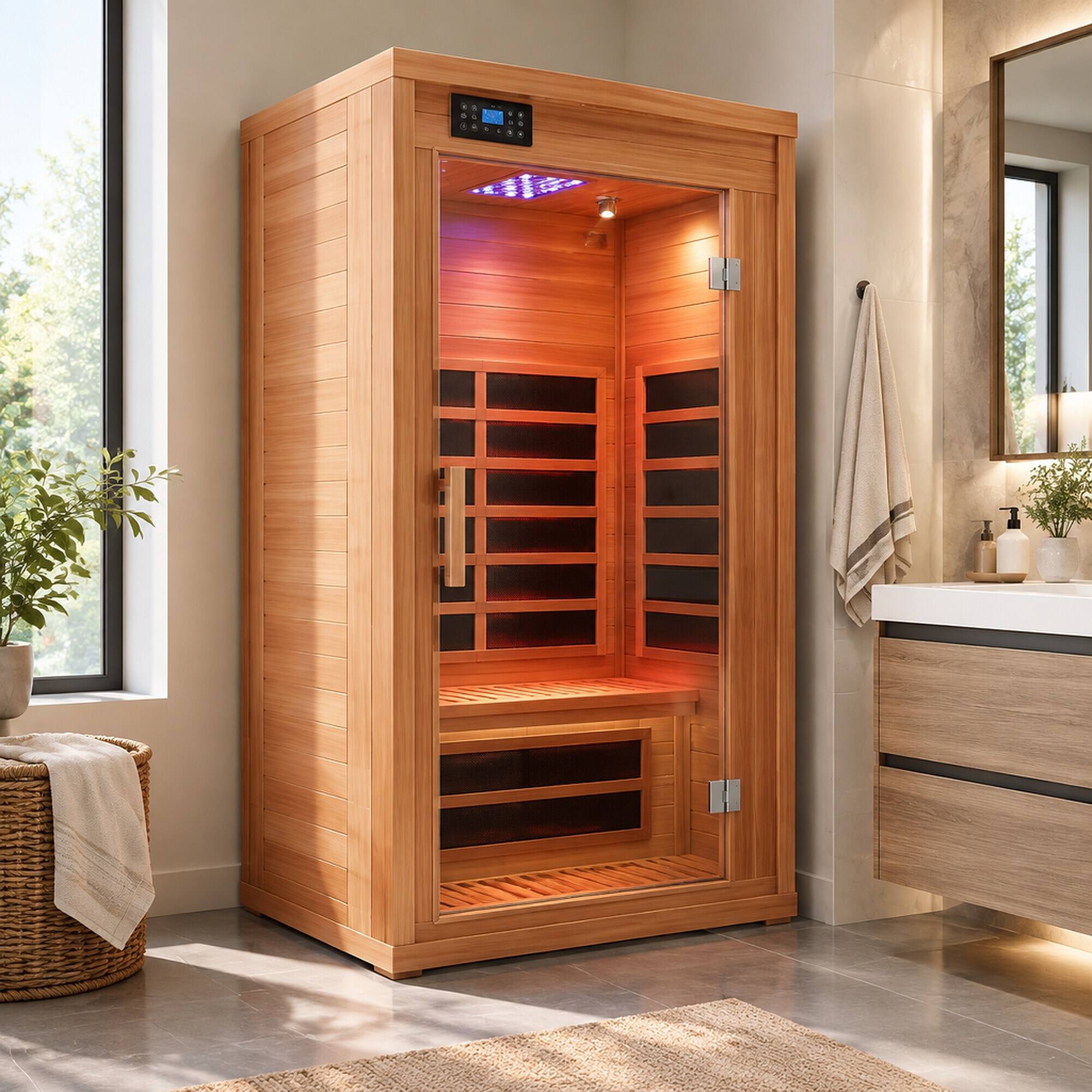 Back. RYHNUYNE - Far Infrared Indoor Sauna Room, Okoume Wood, 35.4 x 27.5 x 63.3 in, Low EMF Carbon Fiber Panels, Bluetooth Audio - Natural.