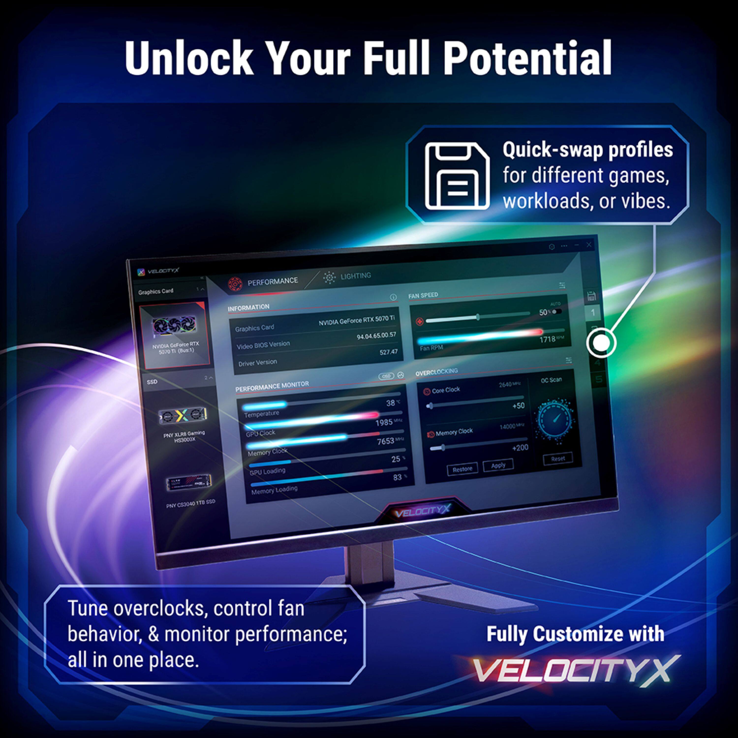 Unlock Your Full Potential

Quick-swap profiles for different games, workloads, or vibes.

VELOCTYX LIGHTING PERFORMANCE

Graphion Card FAN SPEED INFORMATION

ATX 5070 T NVIDIA Gel'orce Graphics Card

4.5465.00 57 Gafaroe STE BIOS Version NVDHA Video Fal 1 P Den 527.47 Deiver Version

OVERCLOCKING : SAO MONITOR PERFORMANCE

Care Clock 38 - X Temperahde -s 1985 ELMB Gaming GO AO Memory Clock Iur HEOOOK Mw 7653 Membry Co 25 SPU Leading Restore 83 Memory Loading CE3ON 17 I PNT VELOCITYX 2640 +50 14000 +200 Apply 50% 1718 Scan Beoet 1 Tune overclocks, control fan behavior, & monitor performance; all in one place.

Fully Customize with VELOCITYX