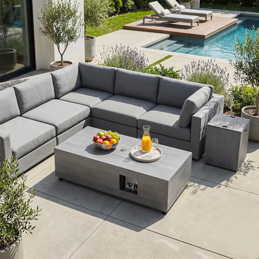 Triangular Fire Table Nuu Garden 42.9 in. Rectangle Metal and Glass Propane Cement Gray Fire ...