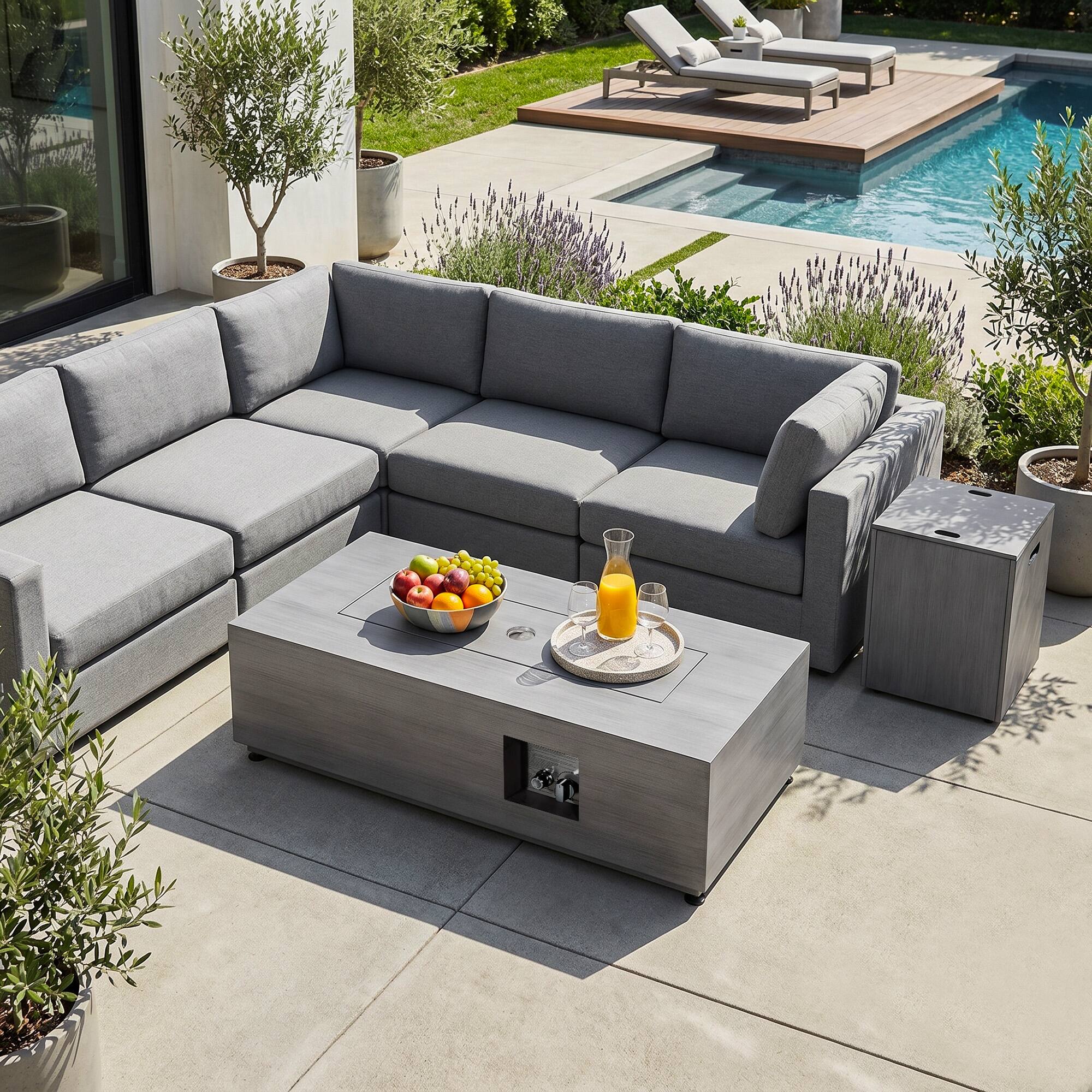 Nuu Garden 42.9 in. Rectangle Metal and Glass Propane Cement Gray Fire ...